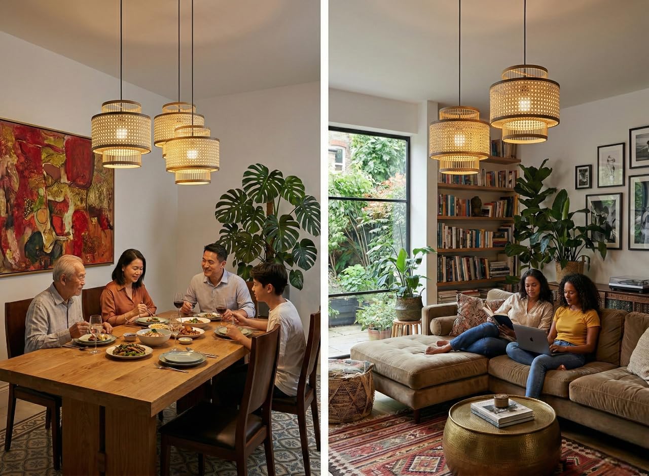 Round Oriental Bamboo Rattan Lamp Shade Natural Rattan Chandelier Lampshade Handmade Woven Vintage Farmhouse Wicker Ceiling Light Cover for LED bulbs 14.17in x 12.59in (36 x 32cm)