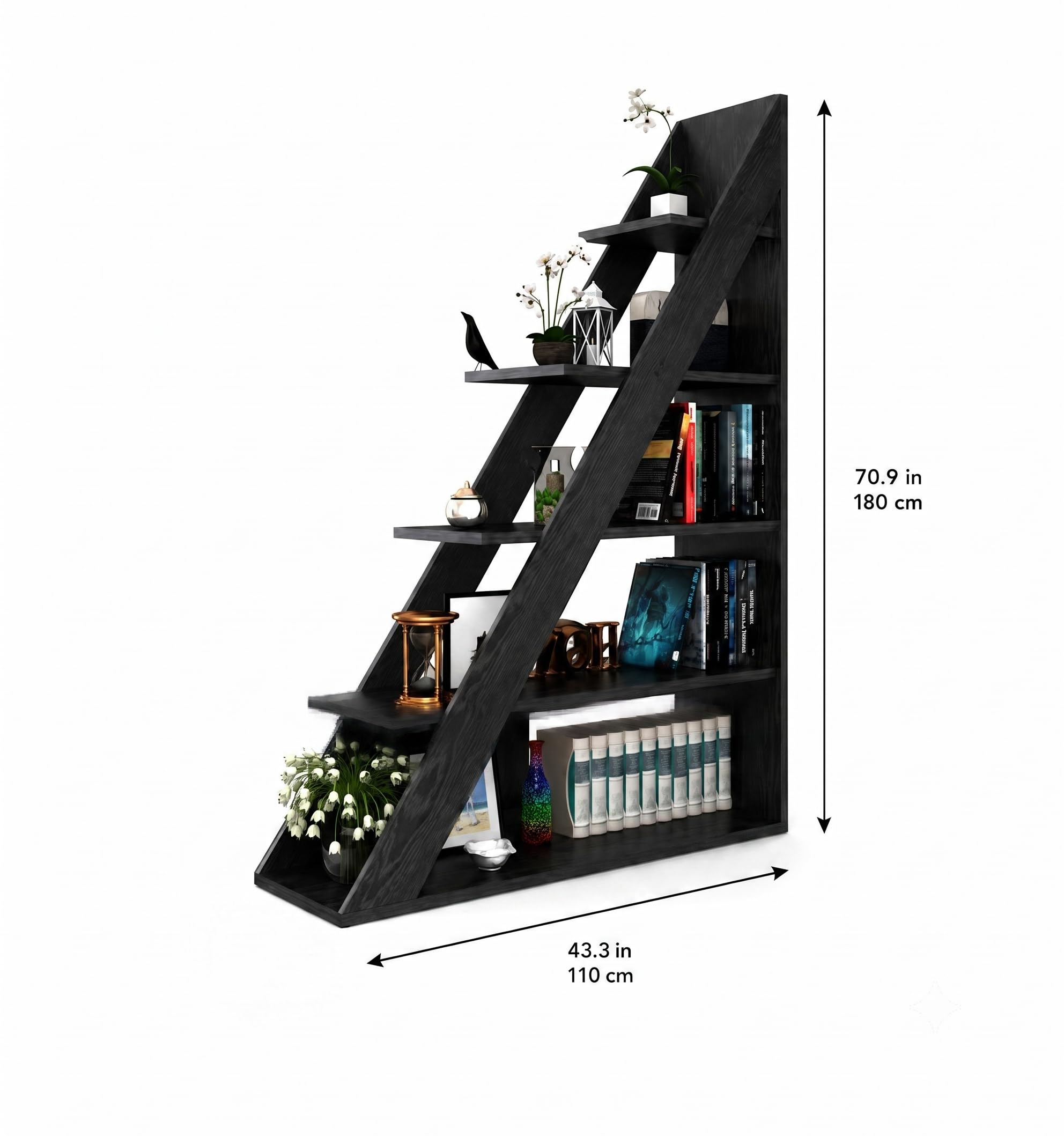 Ladder Bookshelf, 5-Tier Industrial Bookcase with Storage Shelves, Modern Room Divider Bookcase, Freestanding Display Shelf for Living Room, Bedroom, Home Office, Black Wood Grain, 39.4" W x 70.9" H