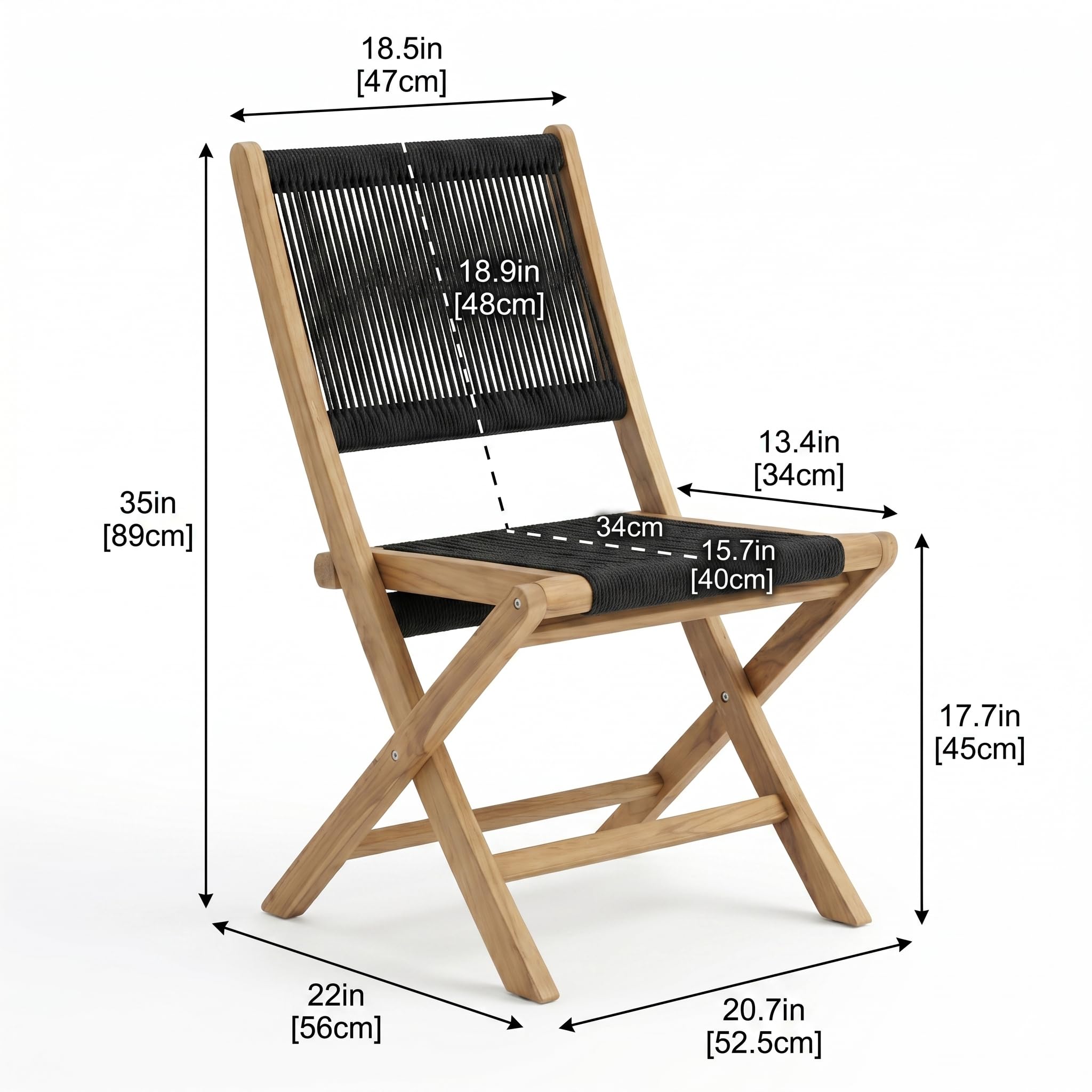 Kikbo Modern Acacia Wood Rope Folding Chair with Roped Back and Seat, Bohemian, Classic, Scandinavian, Minimalist, Contemporary, Solid Hardwood
