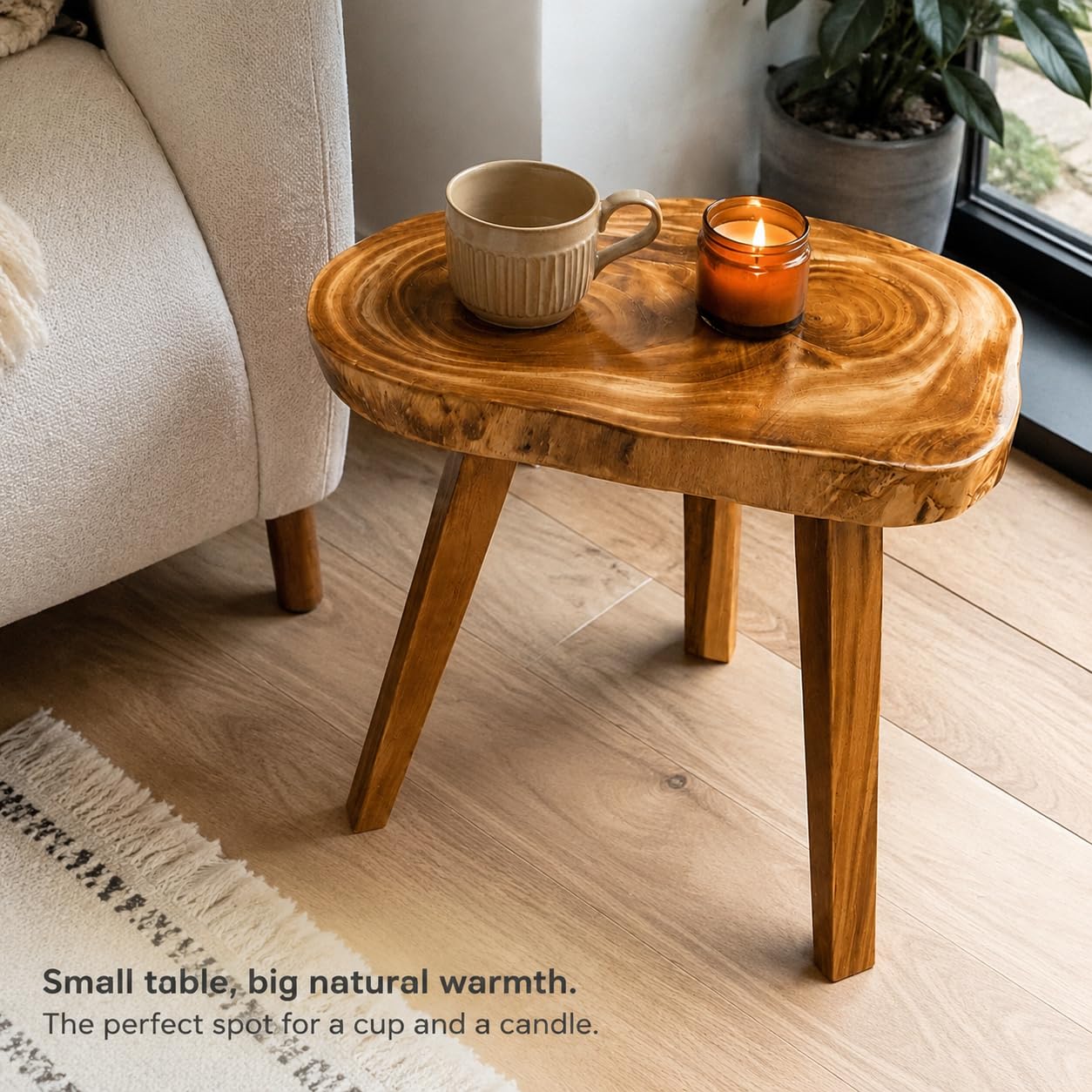 Solid Wood Coffee Table, Live Edge Natural Wood Side Table, Handcrafted Rustic End Table for Living Room, Bedroom, Sofa, Tea Table, 19.7 Inch Height