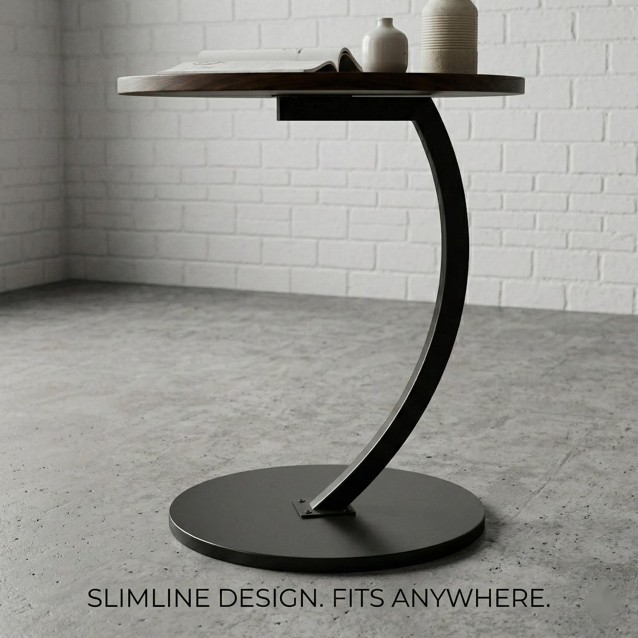 Modern Round C-Shaped Side Table, Small End Table for Sofa, Space Saving Coffee Table for Living Room & Bedroom, MDF Top with Metal Frame