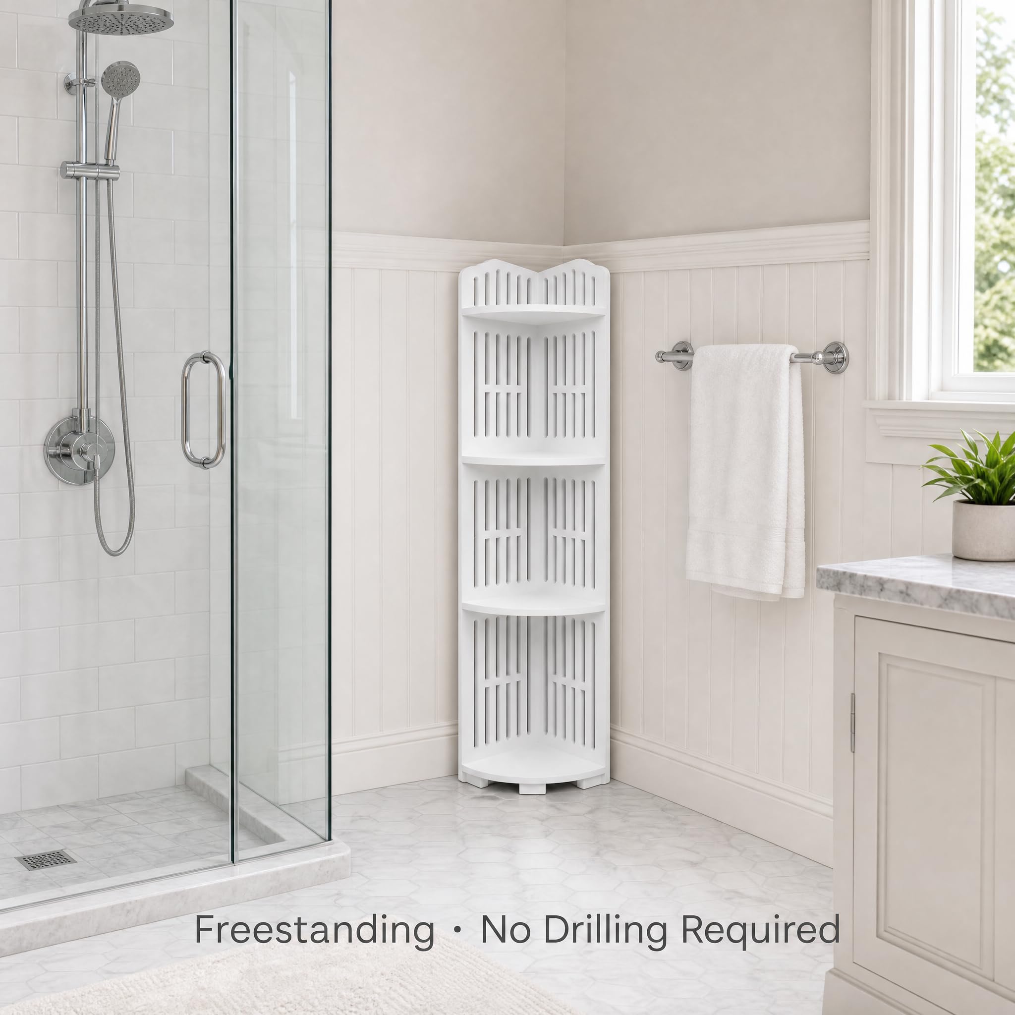 4-Tier Corner Shower Caddy Shelf, Waterproof PVC Bathroom Corner Storage Organizer, Freestanding Space Saving Rack for Shampoo, Toiletries and Bath Accessories, White