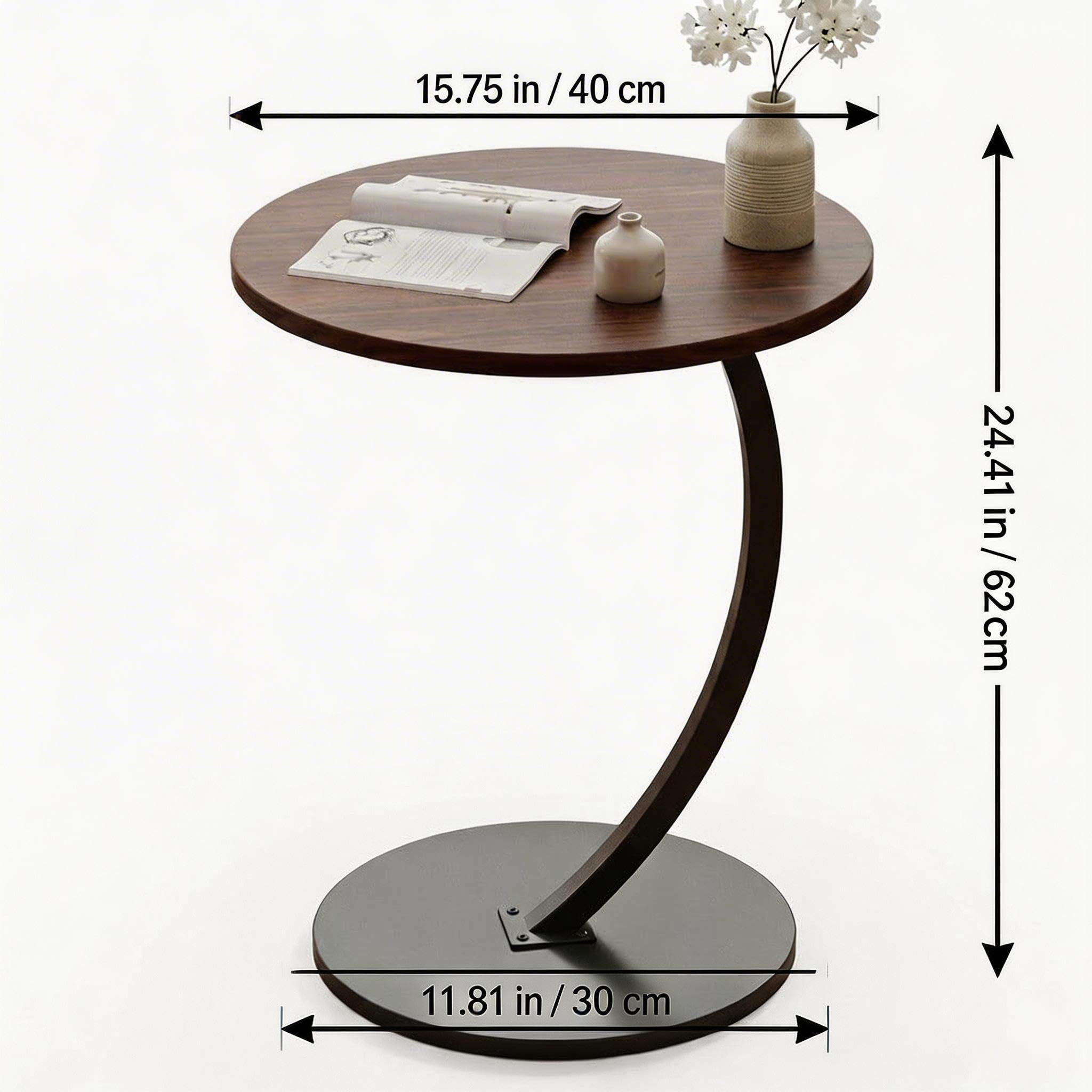 Modern Round C-Shaped Side Table, Small End Table for Sofa, Space Saving Coffee Table for Living Room & Bedroom, MDF Top with Metal Frame