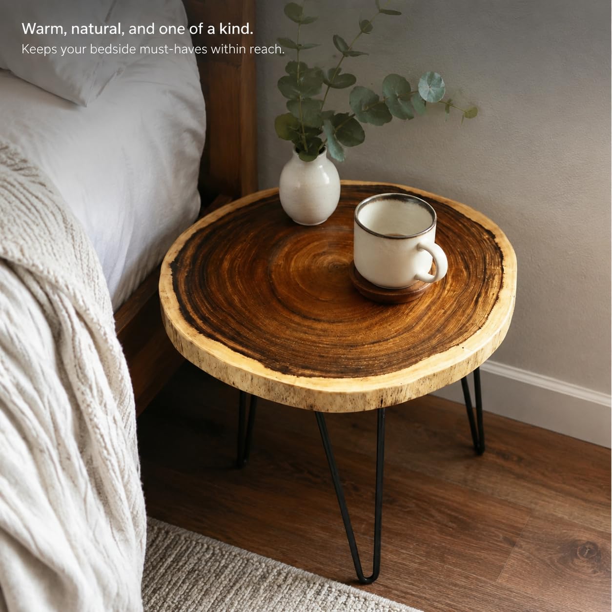 Live Edge Solid Wood Side Table with Hairpin Metal Legs, Rustic Round End Table for Living Room, Bedroom & Coffee Bar, Natural Wood Accent Table, 20 Inch Height
