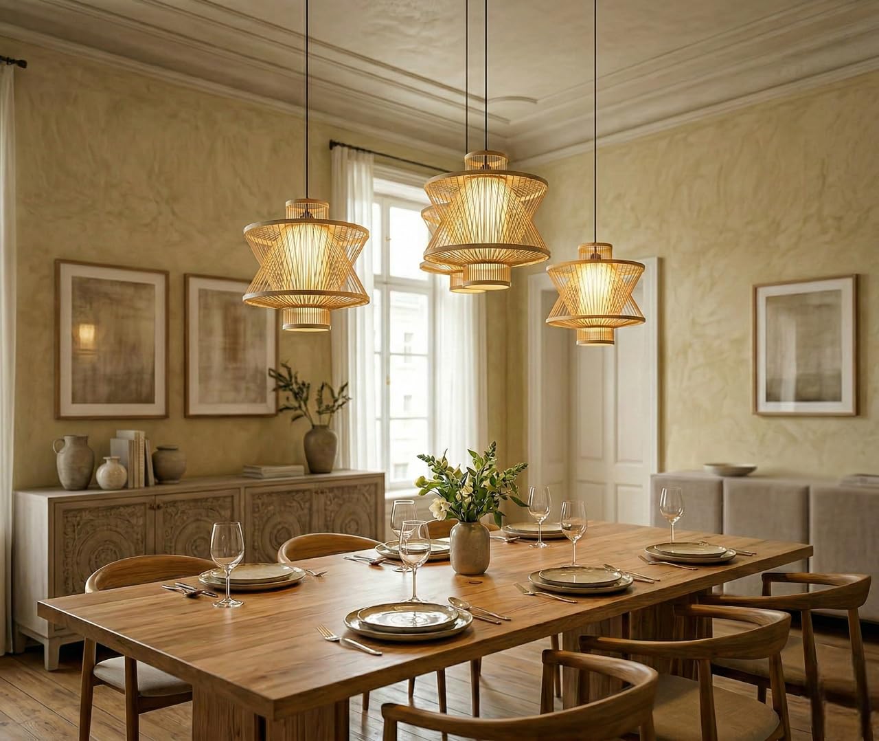 Conical Bamboo Lamp Shade Natural Chandelier Lampshade Handmade Wood Vintage Farmhouse Art Deco Ceiling Light Cover for LED or other bulbs 15.75 x 15.75in (40 x 40cm) - Uno Mount