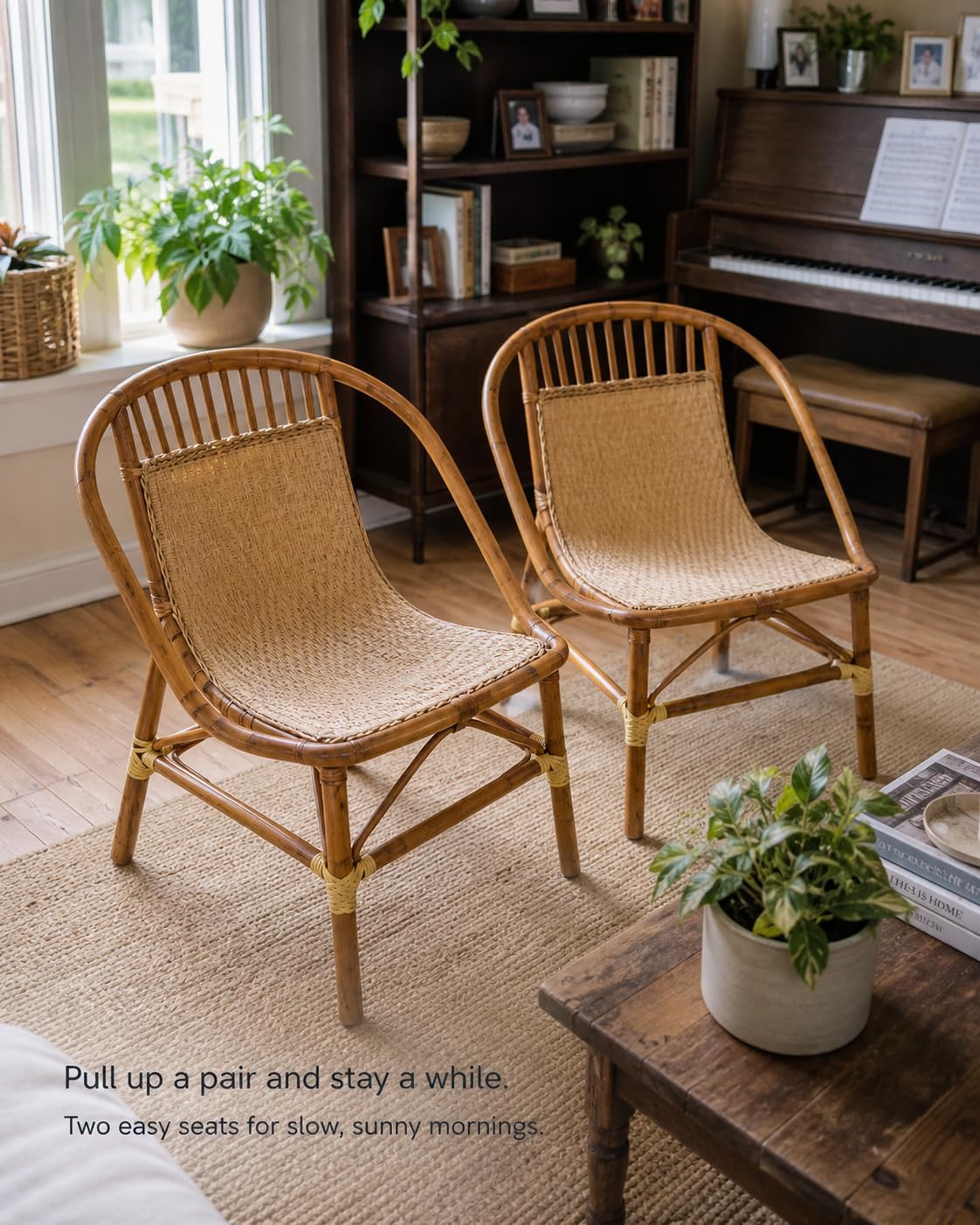 Set of 2 Rattan Dining Chairs, Natural Wicker Accent Chairs with Curved Back, Indoor Outdoor Seating for Dining Room, Patio, Balcony, Café, Living Room