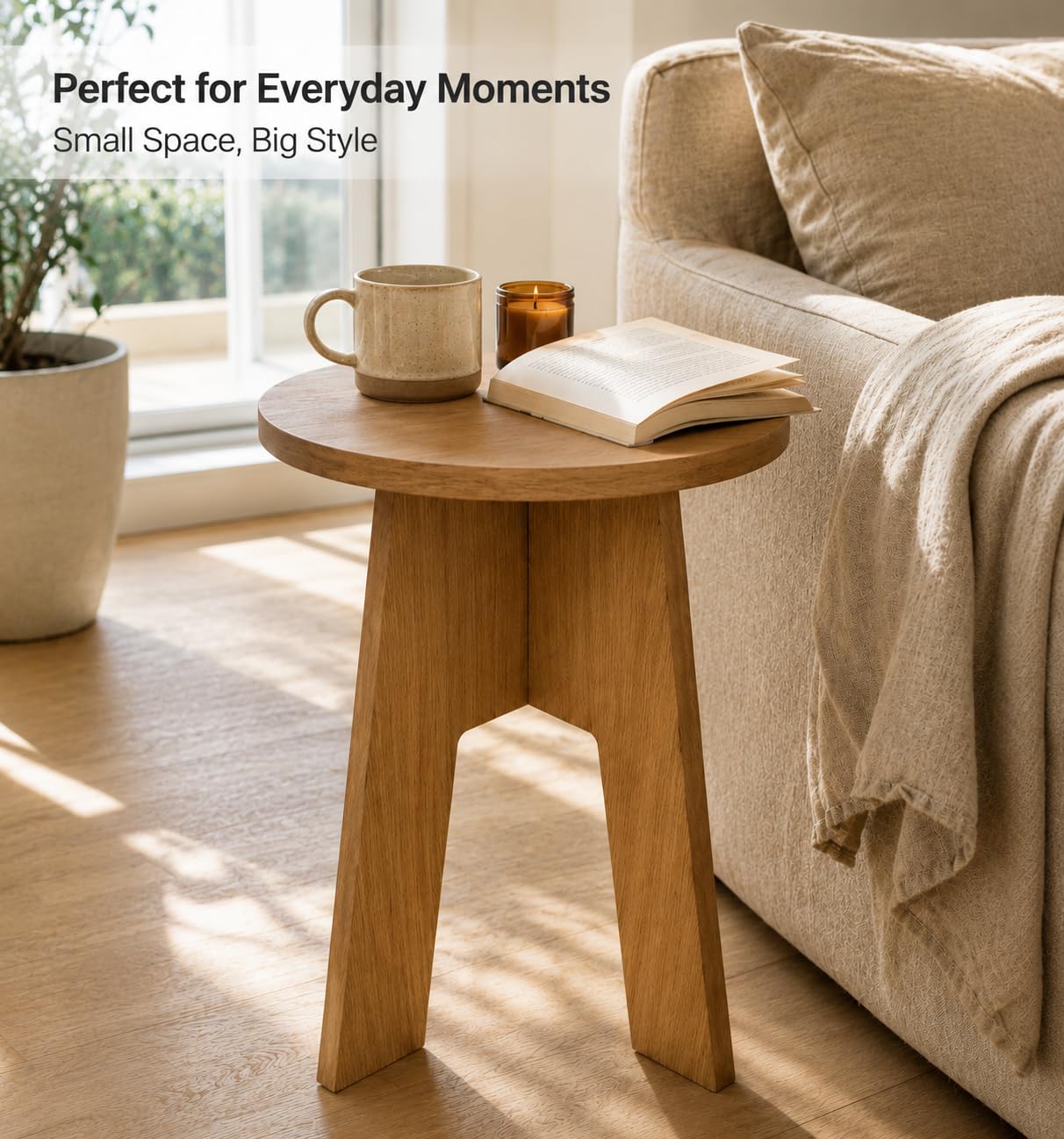 Round Wooden Side Table, Modern Accent End Table with Solid Wood Legs, Small Coffee Table for Living Room, Bedroom & Balcony, Easy Assembly, Natural Oak Finish