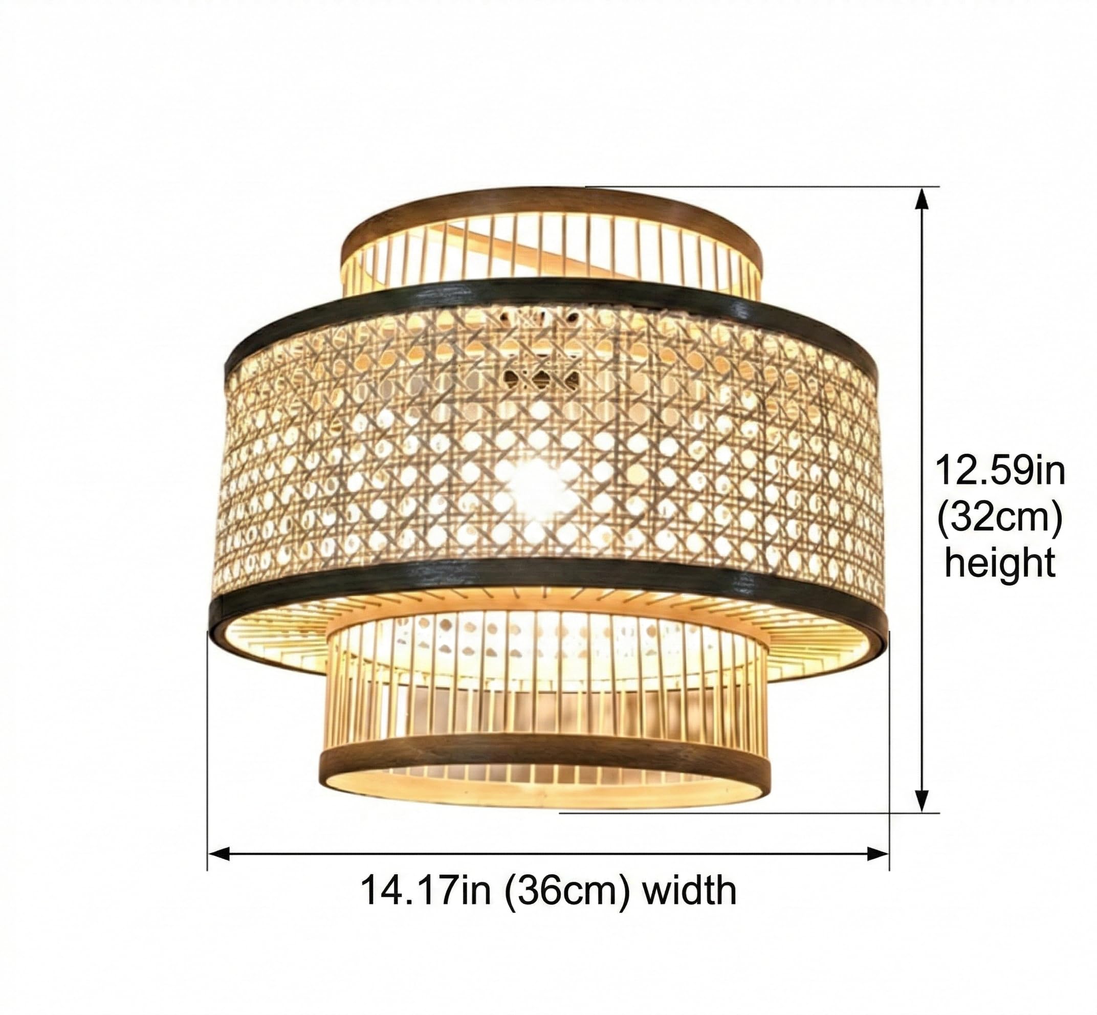 Round Oriental Bamboo Rattan Lamp Shade Natural Rattan Chandelier Lampshade Handmade Woven Vintage Farmhouse Wicker Ceiling Light Cover for LED bulbs 14.17in x 12.59in (36 x 32cm)