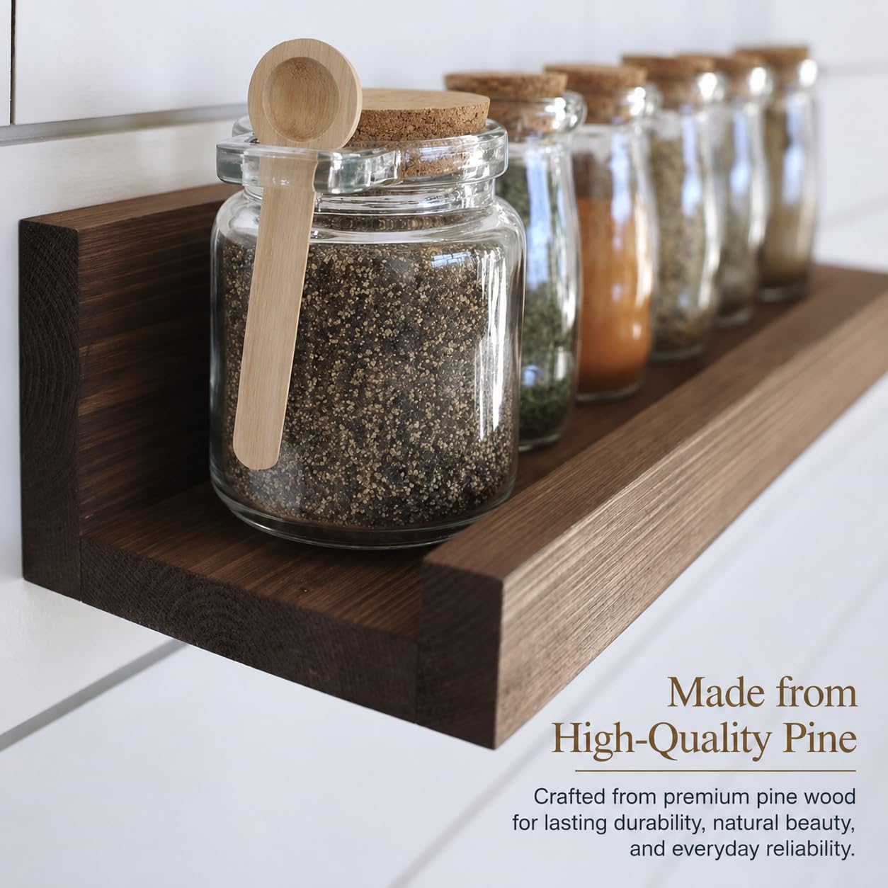 24-Inch Rustic Wooden Floating Shelf, Wall Mounted Spice Rack Organizer for Kitchen & Studio Decor, Premium Pine Wood Lipped Ledge Shelf with Protective Coating, Brown (Includes Hardware)