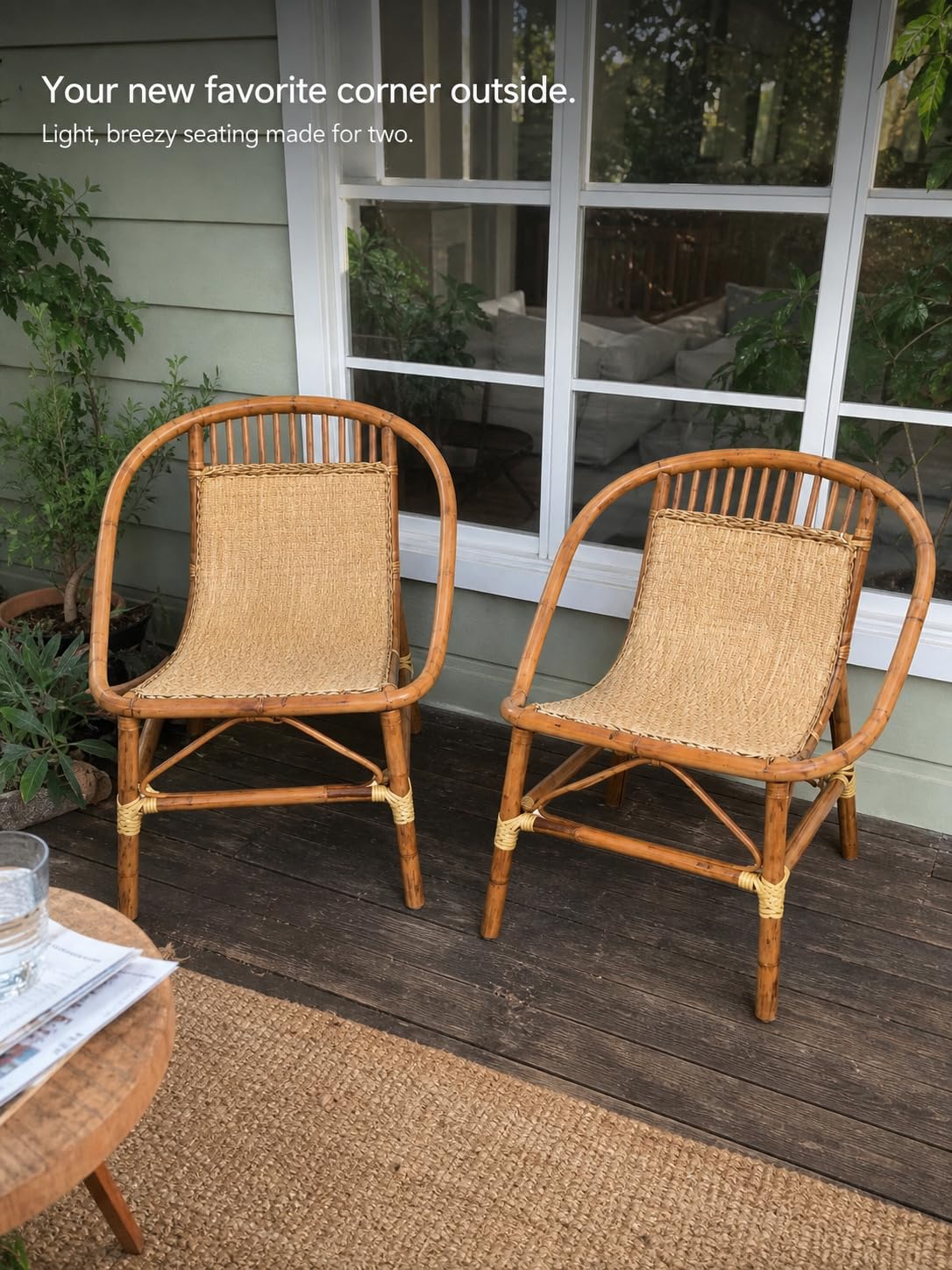 Set of 2 Rattan Dining Chairs, Natural Wicker Accent Chairs with Curved Back, Indoor Outdoor Seating for Dining Room, Patio, Balcony, Café, Living Room