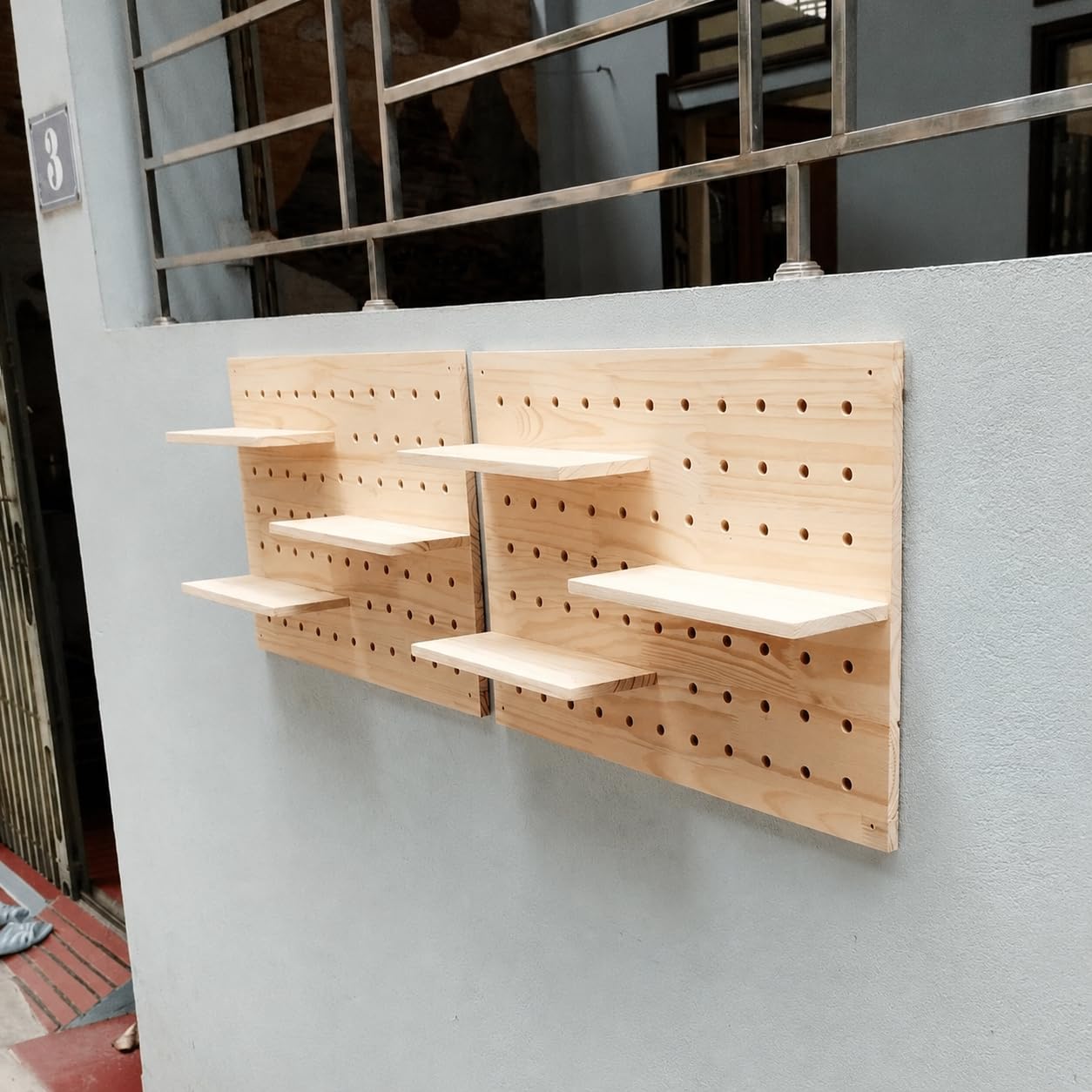 Wooden Pegboard Wall Organizer, Wall Mounted Kitchen Spice Rack with Adjustable Shelves, Modular Storage Display Board for Seasonings, Bottles, Coffee Bar, Craft Room & Home Organization