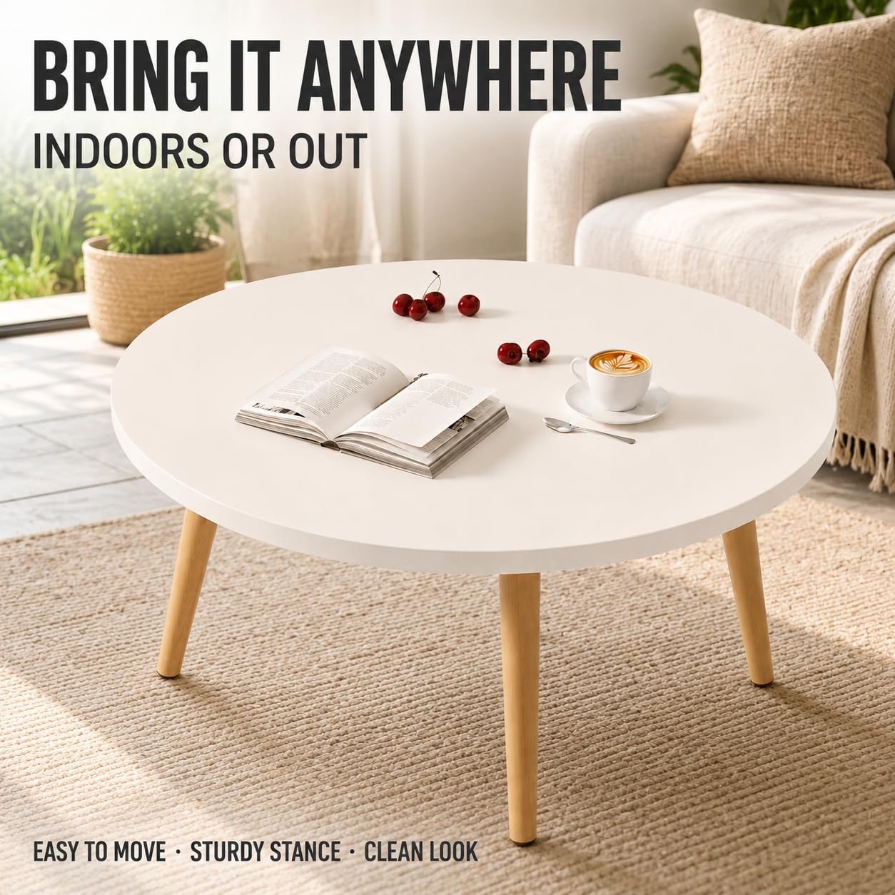 Round Coffee Table, 23.6" Modern Accent Tea Table with Wood Legs, Small Center Table for Living Room, Bedroom, Apartment, Easy Assembly, White