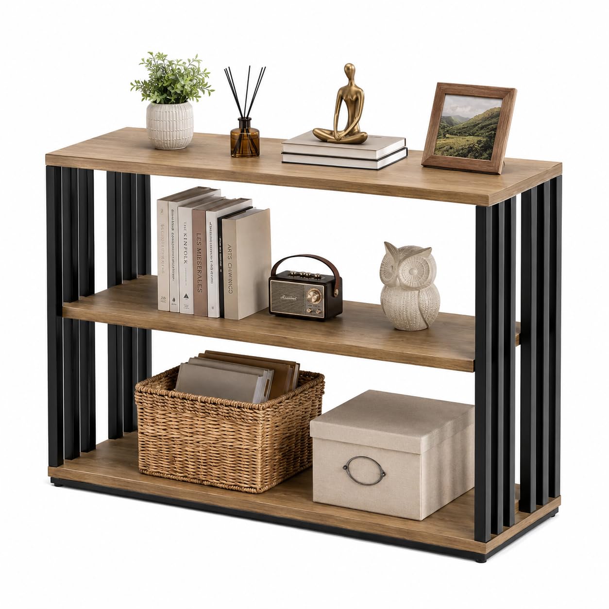 Narrow Console Table with Storage Shelves, Industrial Sofa Side Table for Entryway Hallway Living Room, Rustic Wood Accent Table with Metal Frame, 15.7" D x 9.4" W x 23.6" H (40 x 24 x 60 cm)