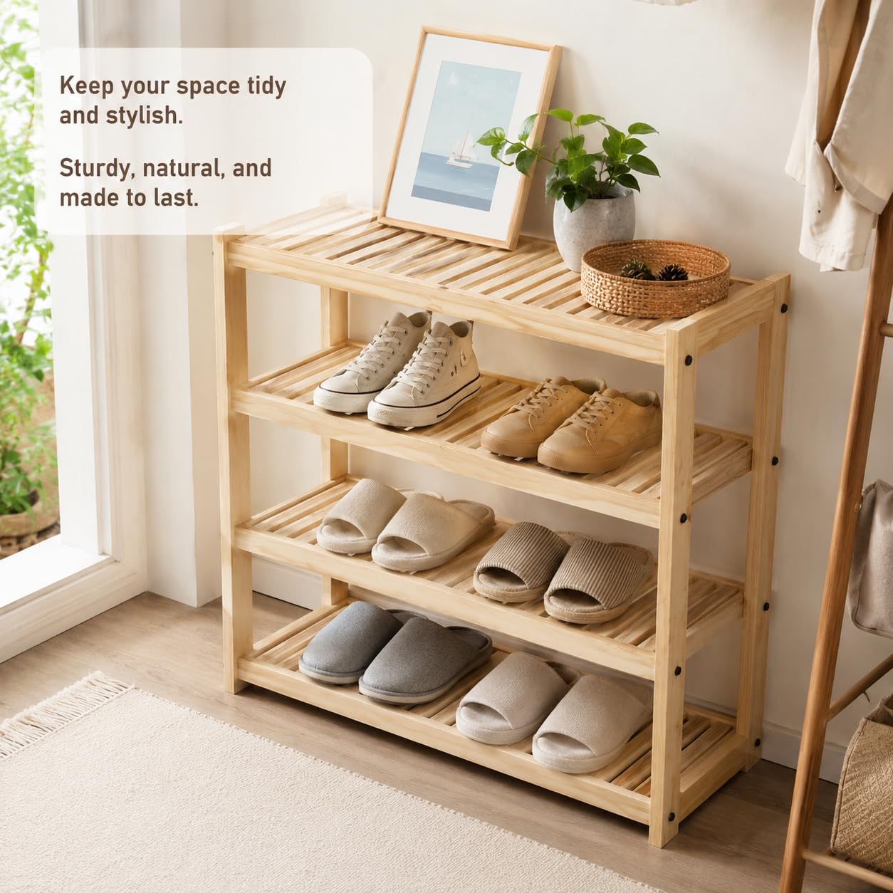 4-Tier Solid Pine Wood Shoe Rack Organizer, 19.7 Inch Entryway Shoe Storage Shelf, Freestanding Wooden Shoe Stand for Closet, Hallway, Bedroom and Living Room