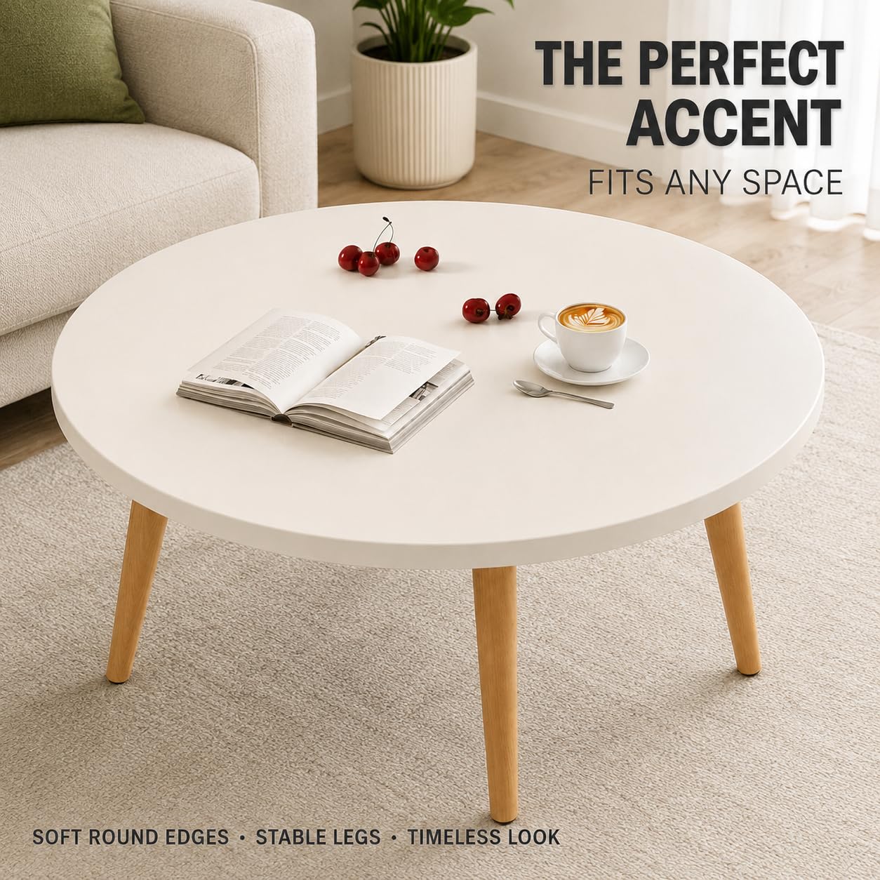 Round Coffee Table, 23.6" Modern Accent Tea Table with Wood Legs, Small Center Table for Living Room, Bedroom, Apartment, Easy Assembly, White