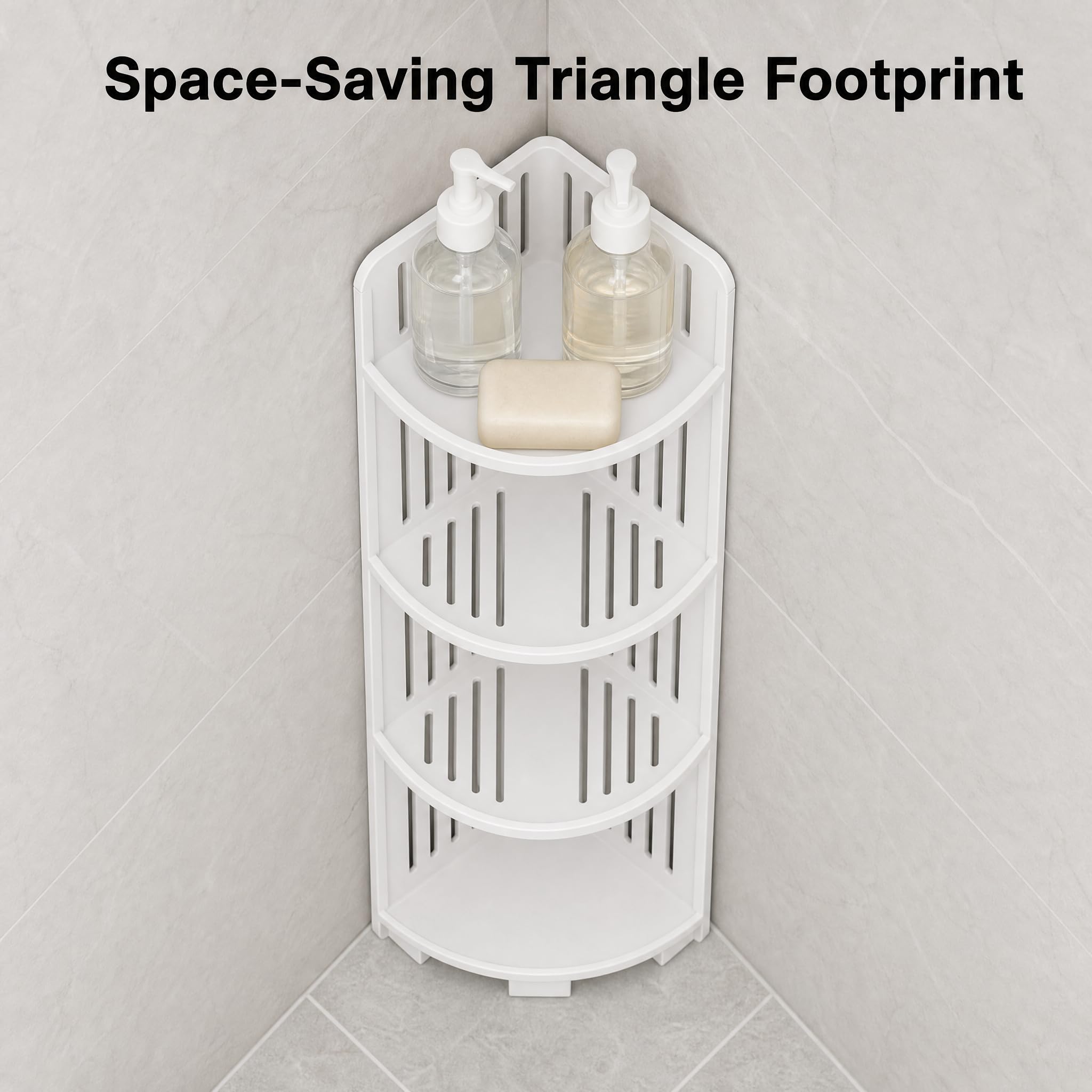 4-Tier Corner Shower Caddy Shelf, Waterproof PVC Bathroom Corner Storage Organizer, Freestanding Space Saving Rack for Shampoo, Toiletries and Bath Accessories, White