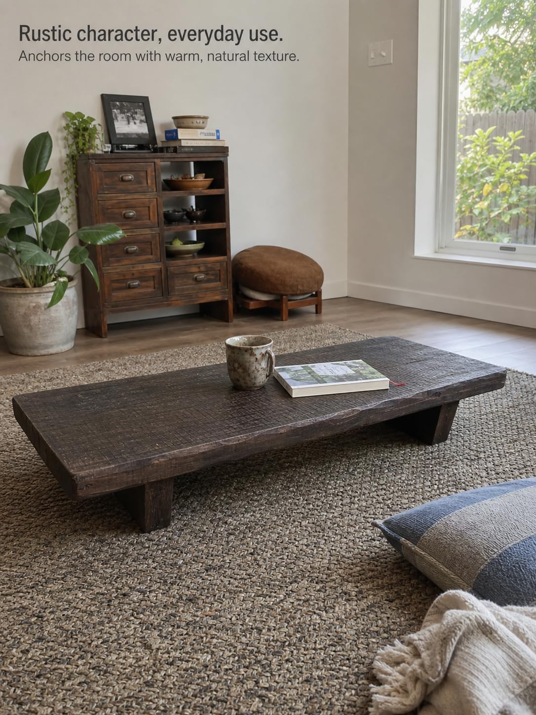 Solid Wood Wabi-Sabi Coffee Table, Rustic Low Tea Table for Living Room, Handmade Wooden Floor Table, Minimalist Cocktail Table, 47.2 x 13.8 in