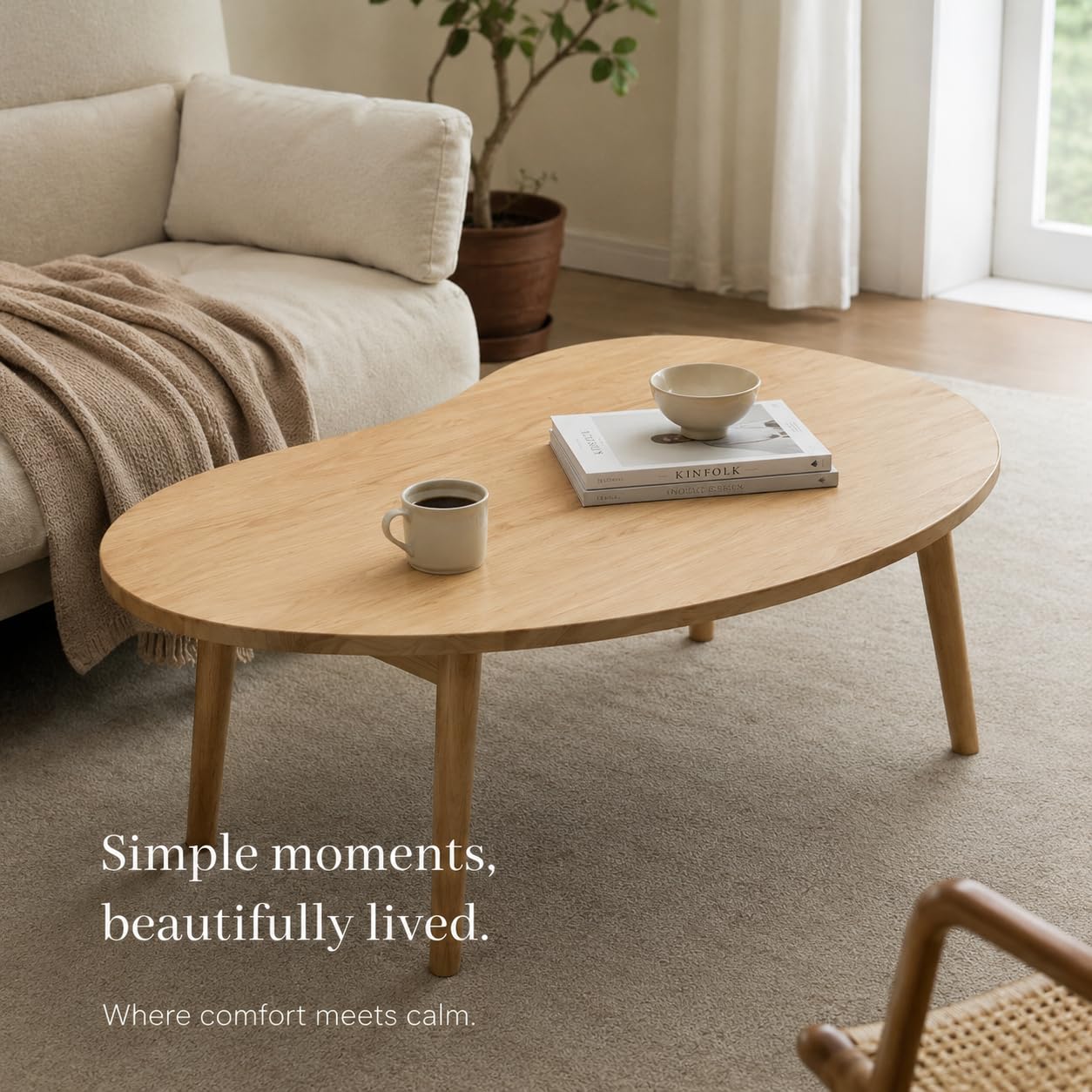 Oval Coffee Table with Solid Wood Legs, Modern Low Profile Accent Table, Natural Wood Finish, Small Living Room Tea Table, 35.4" x 23.6"