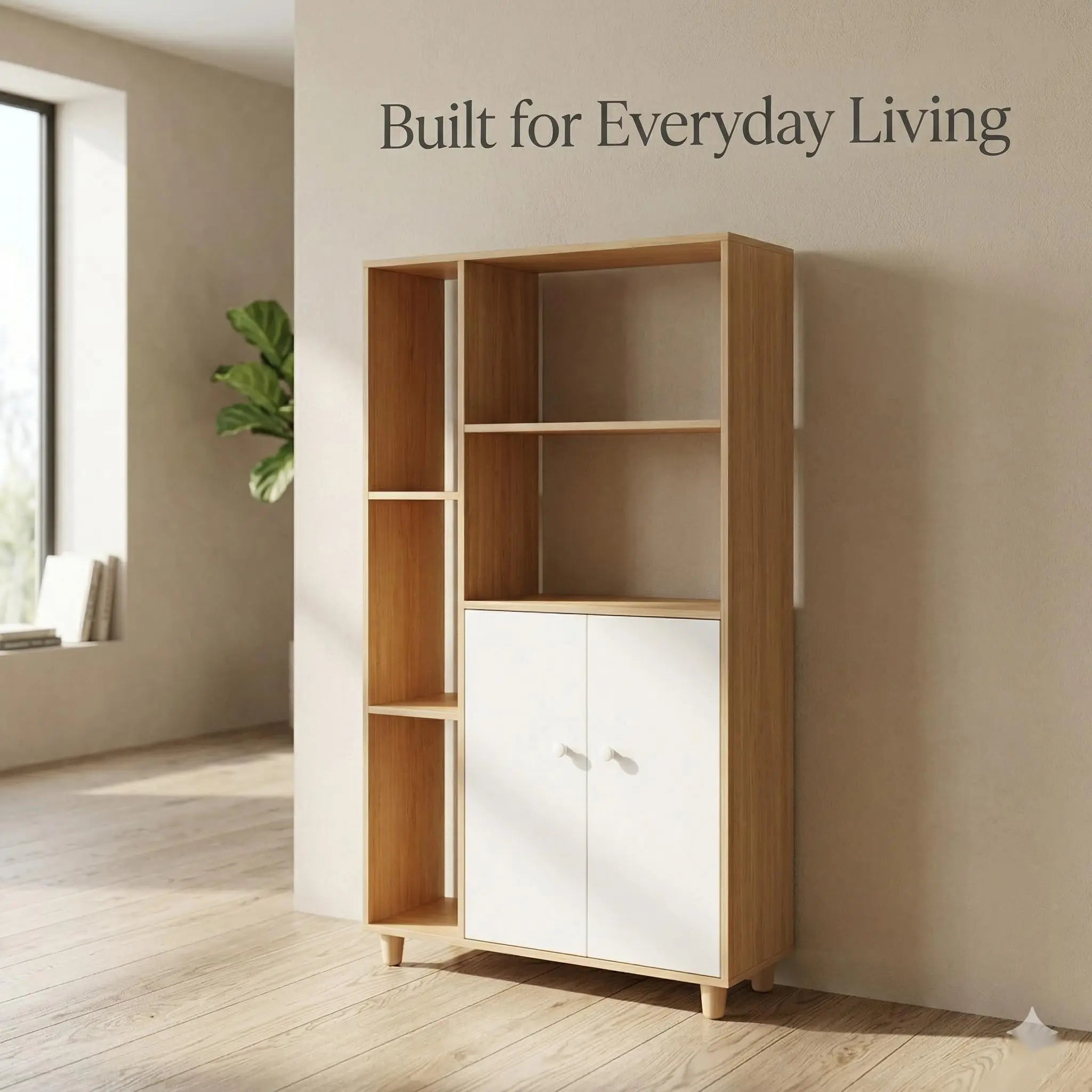 Kikbo Storage Cabinet with Doors and Open Shelves, Modern Bookcase Organizer for Living Room, Bedroom, Home Office, Multi-Functional Floor Cabinet, White and Wood Finish