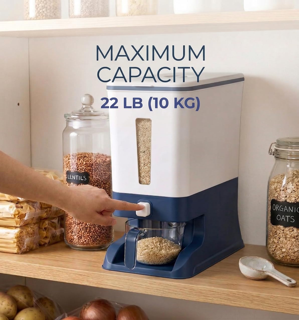 Kikbo 6-Pack Rice and Small Grains Dispenser 22 lbs / 10kg - Keep Fresh, Easy Fast Food Prep Rice Beans Flour Grains, No Mess Pantry Kitchen Organizer (Blue)
