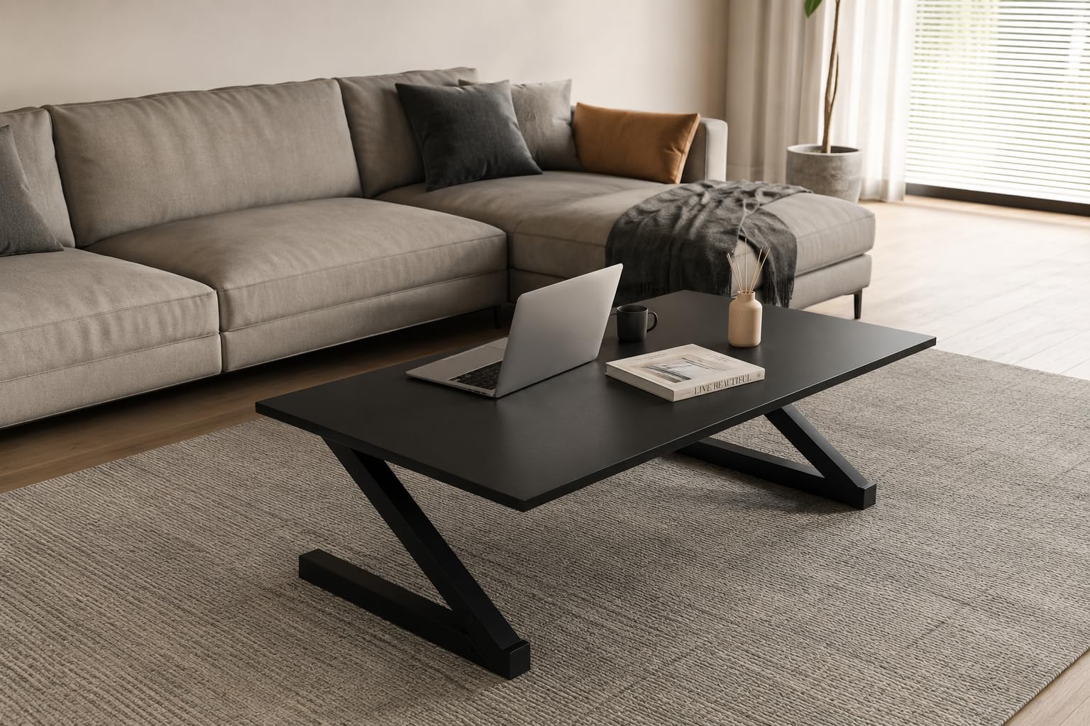 Z-Shaped Folding Floor Desk, Foldable Laptop Table for Sitting on Floor, Space Saving Coffee Table with MDF Wood Top & Metal Frame, Pre-Assembled, Black, 47.2 x 23.6 x 13.8 Inch