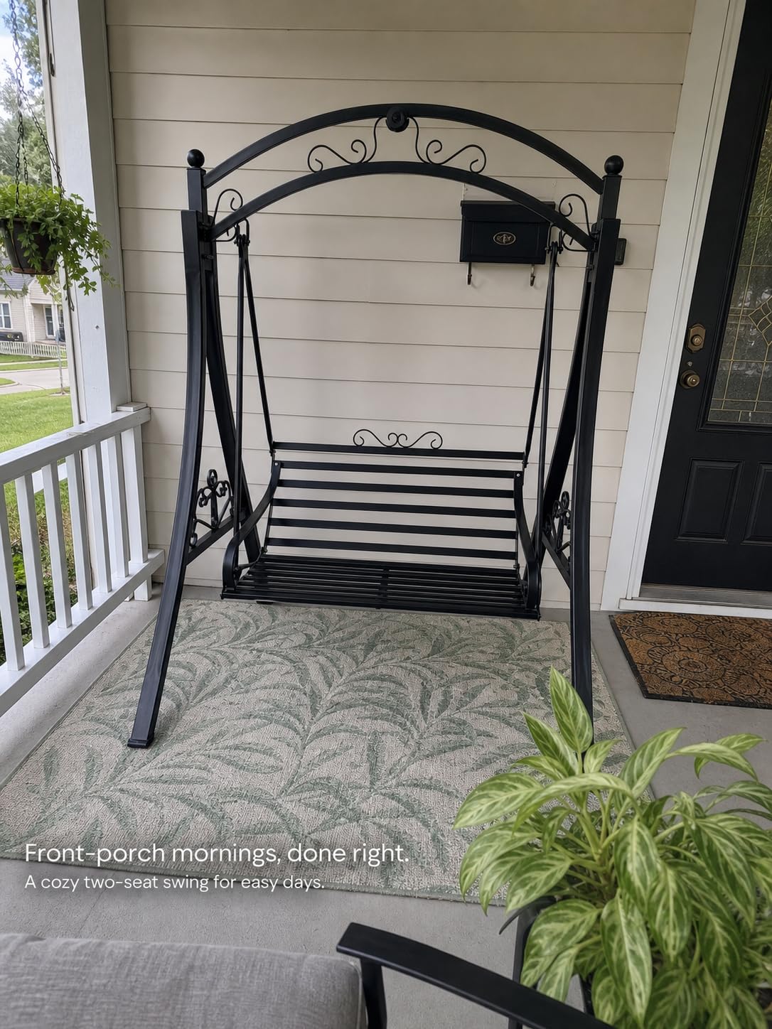 Outdoor Patio Swing Chair for 2, Heavy Duty Metal Garden Porch Swing Bench, Freestanding Backyard Swing Seat for Patio, Deck, Lawn, Balcony, Black
