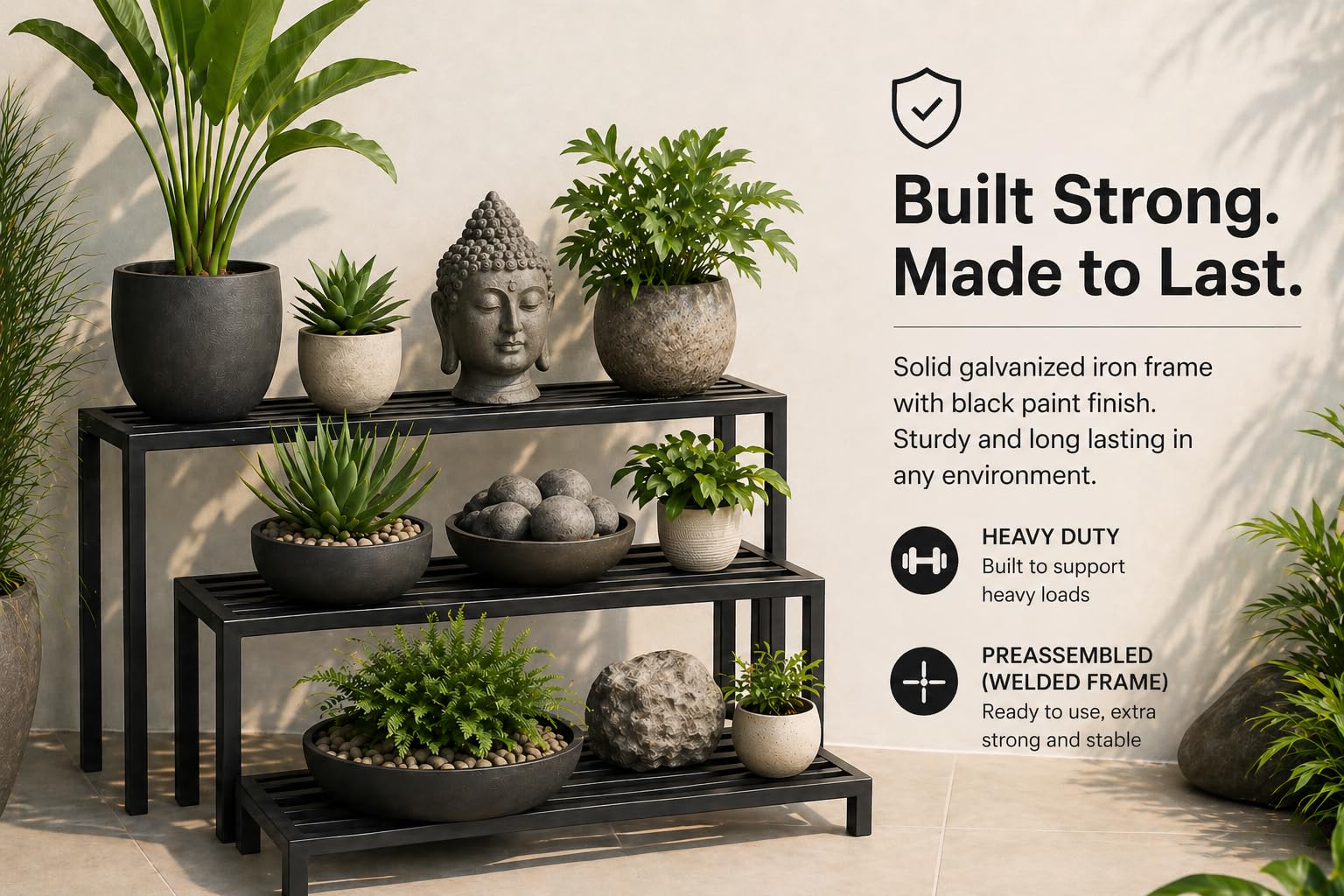 Kikbo Set of 3 Heavy Duty Metal Plant & Storage Stands 27.6" x 7.9" (70 x 20cm) Multiple Heights – Black Painted Galvanized Iron Metal Display Risers - Indoor or Outdoor, Strong For Any Use