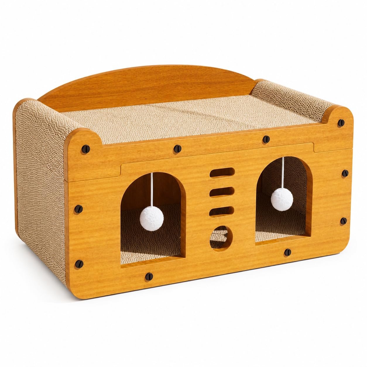 3-in-1 Cat Scratcher House for Indoor Cats, Corrugated Cardboard Scratch Pad Lounge Bed with Hanging Ball Toys, Durable Cat Sofa Bed for Cats & Kittens, 22 x 12 x 12 in