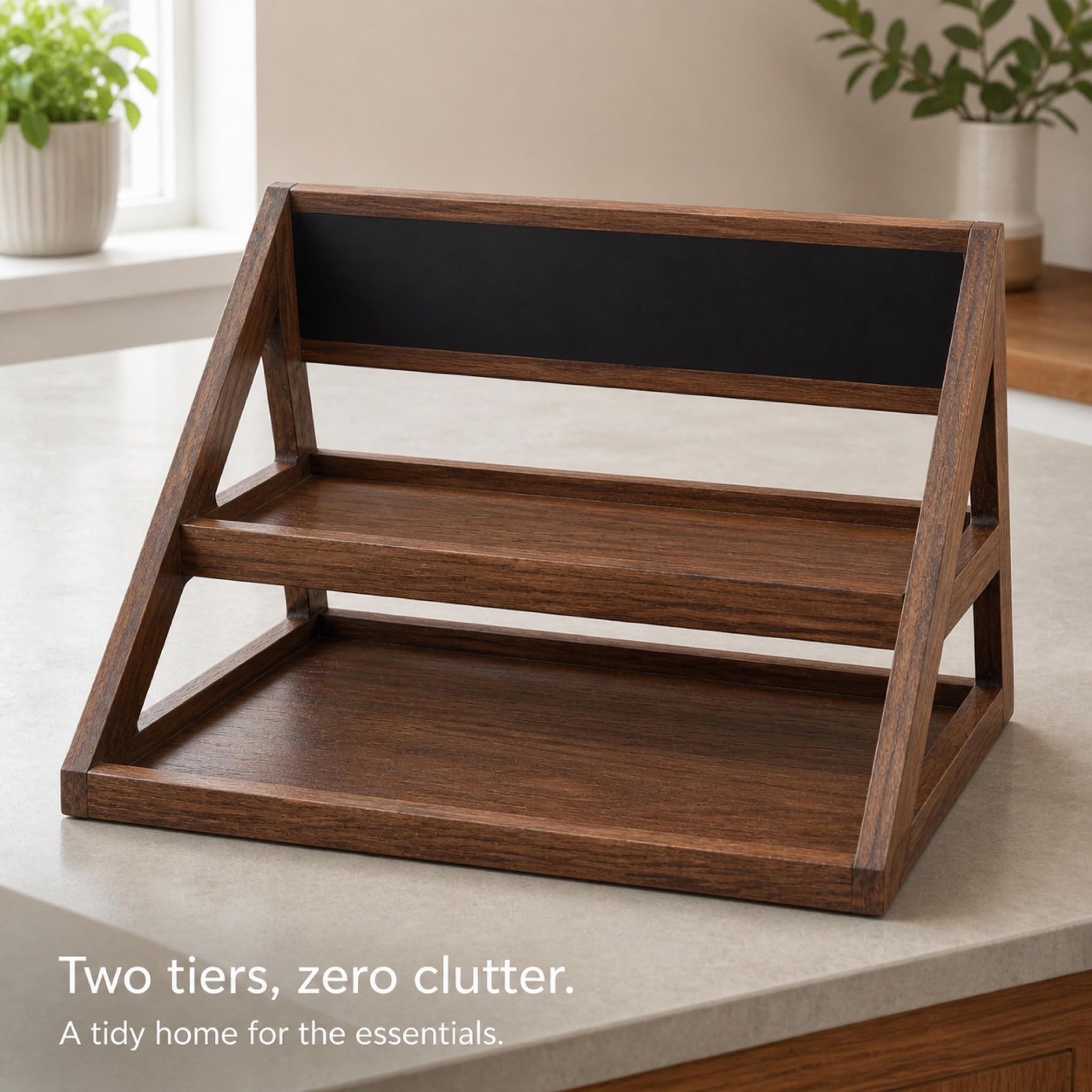 2-Tier Oak Veneer Cake and Fruit Display Stand with Chalkboard Label - Waterproof PU Finish for Cafe Bakery Buffet - 23.6 x 13.8 x 15.7 Inch Brown
