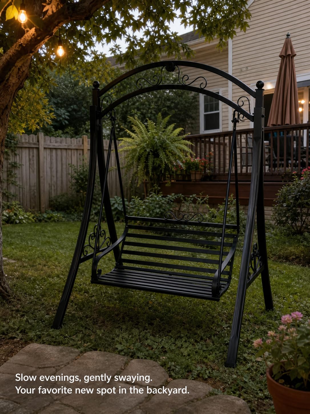Outdoor Patio Swing Chair for 2, Heavy Duty Metal Garden Porch Swing Bench, Freestanding Backyard Swing Seat for Patio, Deck, Lawn, Balcony, Black
