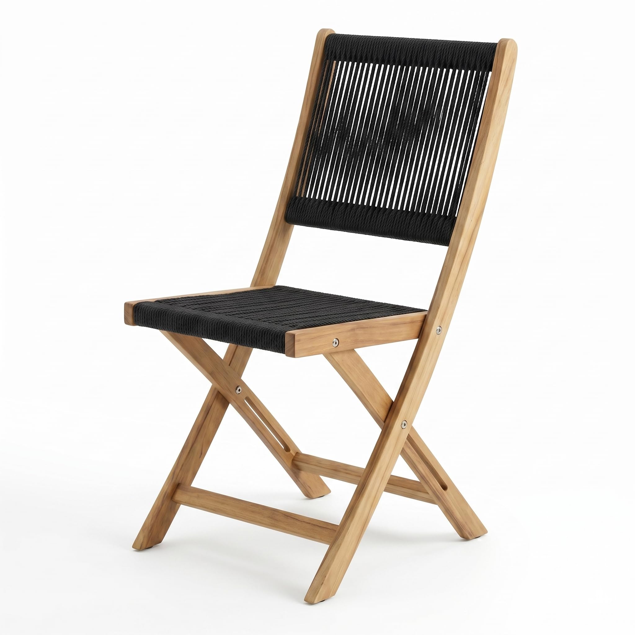 Kikbo Modern Acacia Wood Rope Folding Chair with Roped Back and Seat, Bohemian, Classic, Scandinavian, Minimalist, Contemporary, Solid Hardwood