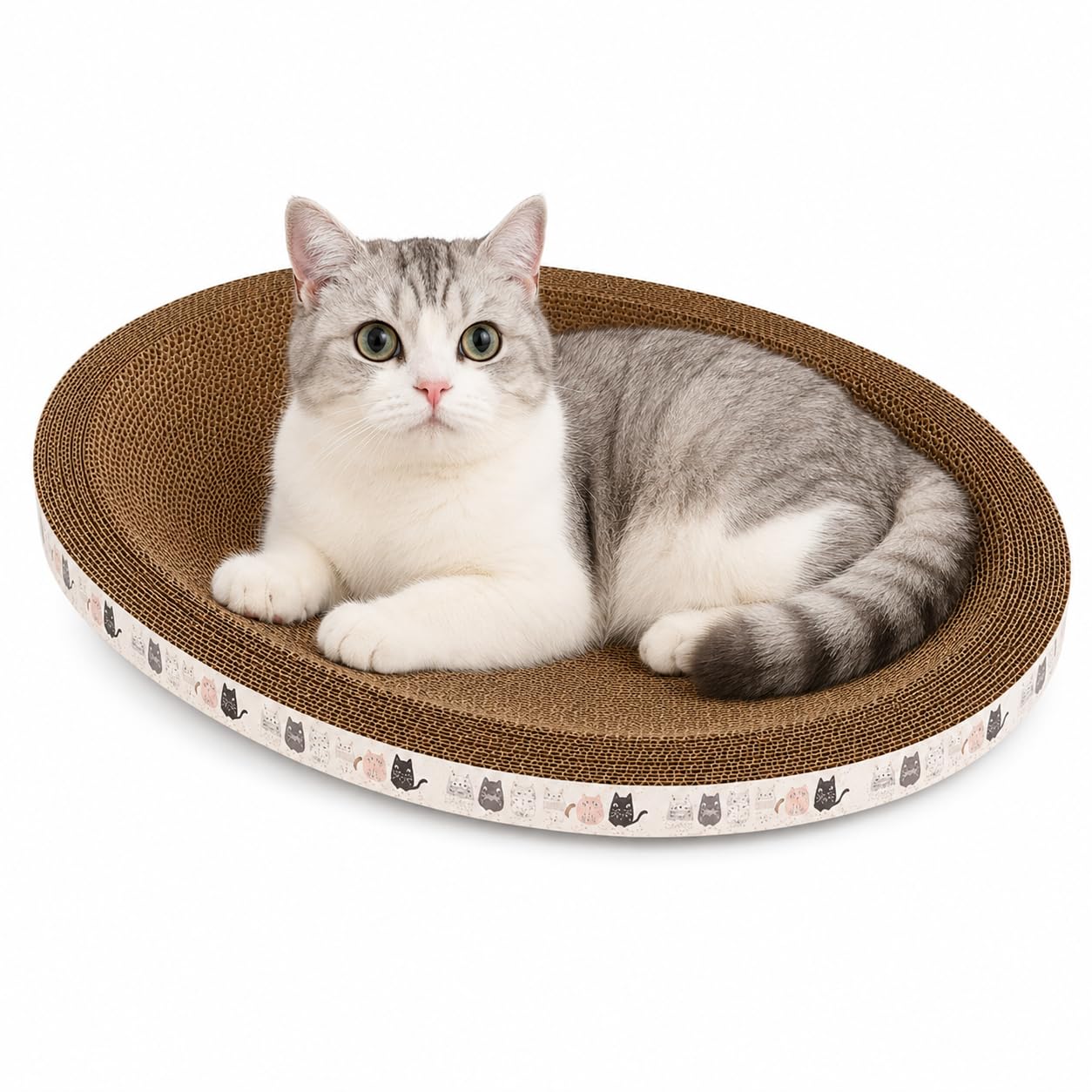 Cat Scratcher Lounge Bed for Indoor Cats, Oval Corrugated Cardboard Scratch Pad Sofa with Catnip, Large Anti-Slip Scratching Board for Cats & Kittens, 17.7"/45cm