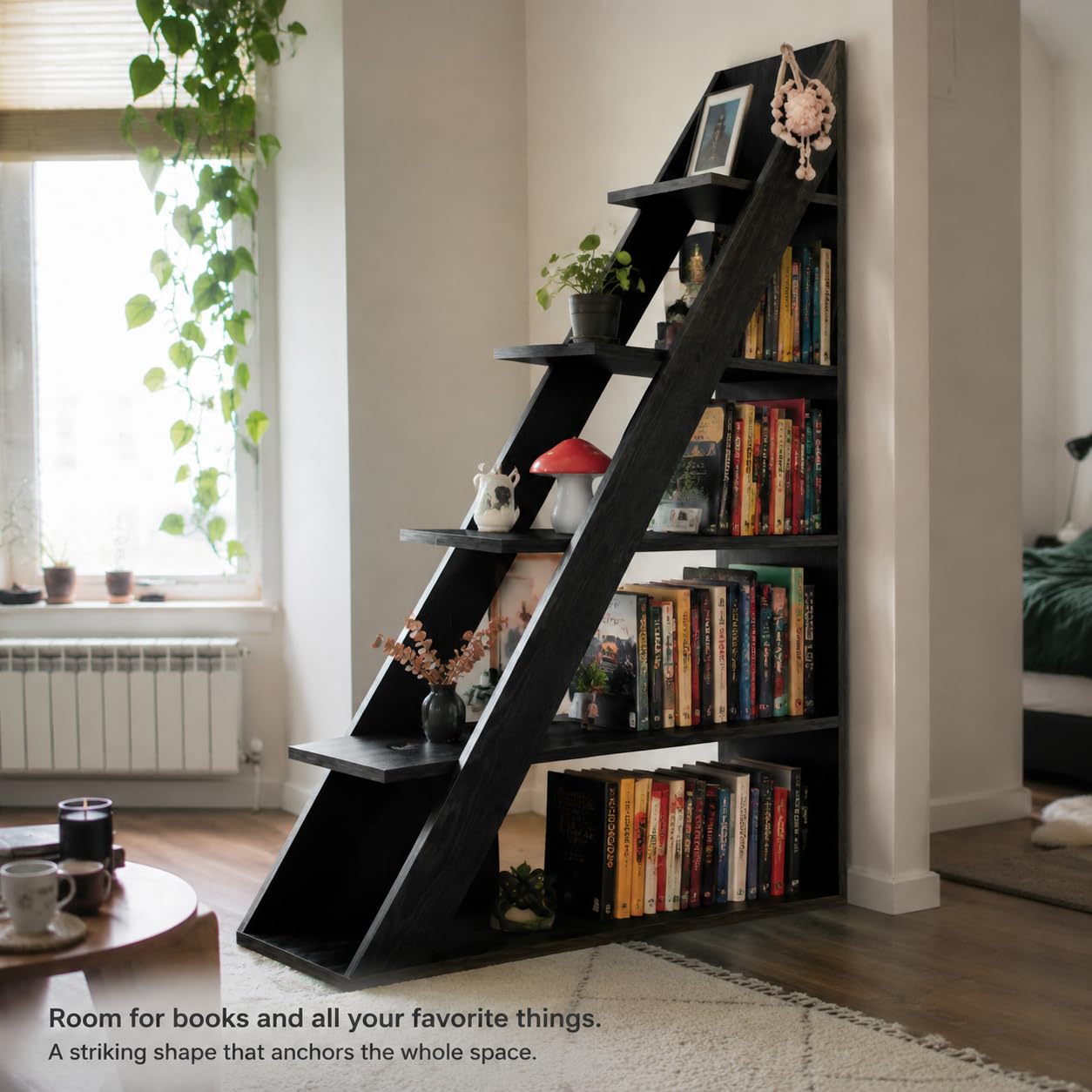 Ladder Bookshelf, 5-Tier Industrial Bookcase with Storage Shelves, Modern Room Divider Bookcase, Freestanding Display Shelf for Living Room, Bedroom, Home Office, Black Wood Grain, 39.4" W x 70.9" H
