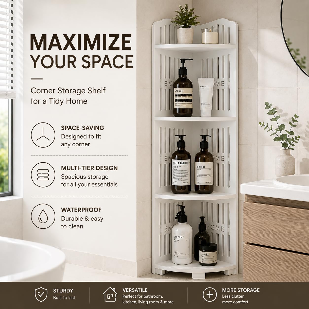 4-Tier Corner Shower Caddy Shelf, Waterproof PVC Bathroom Corner Storage Organizer, Freestanding Space Saving Rack for Shampoo, Toiletries and Bath Accessories, White