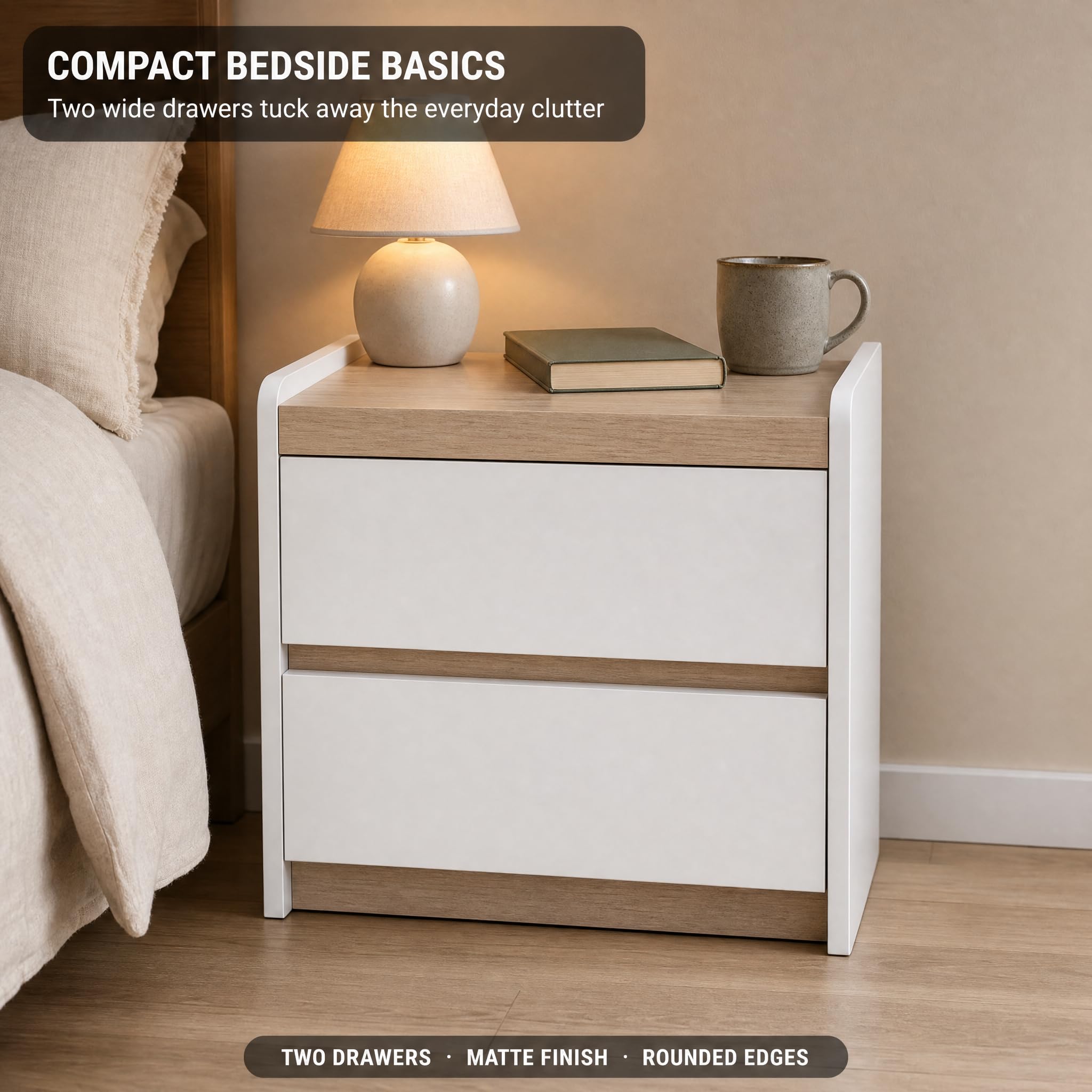 Modern Bedside Table with 2 Drawers, Fully Assembled Nightstand, Wooden End Table for Bedroom, Small Storage Cabinet with Smooth Sliding Drawers, White/Natural Wood