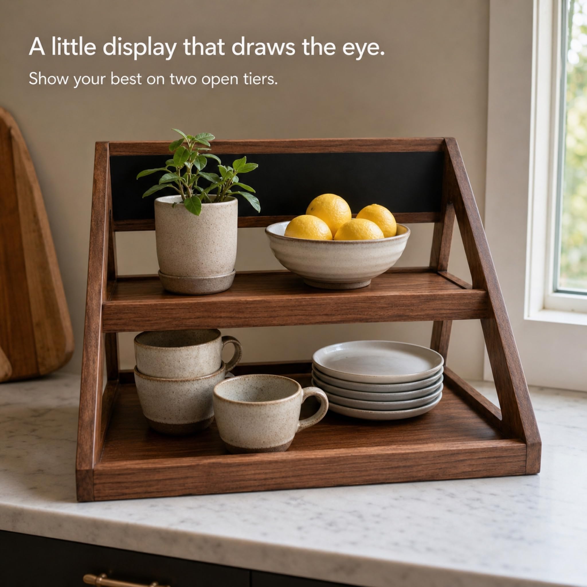 2-Tier Oak Veneer Cake and Fruit Display Stand with Chalkboard Label - Waterproof PU Finish for Cafe Bakery Buffet - 23.6 x 13.8 x 15.7 Inch Brown