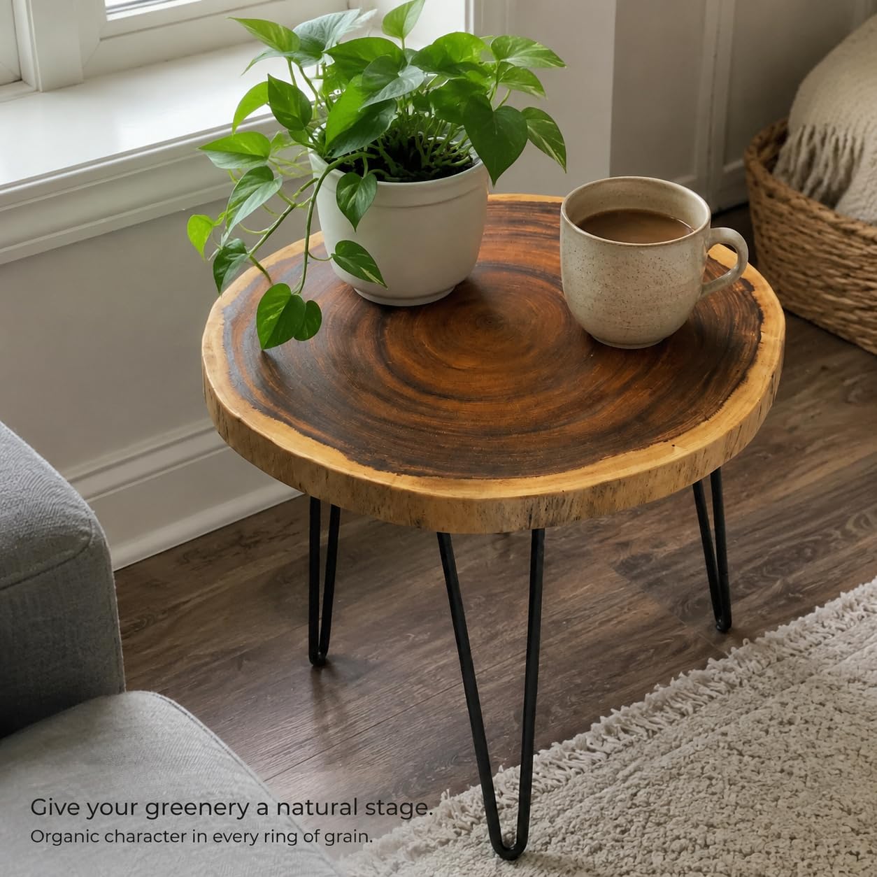 Live Edge Solid Wood Side Table with Hairpin Metal Legs, Rustic Round End Table for Living Room, Bedroom & Coffee Bar, Natural Wood Accent Table, 20 Inch Height