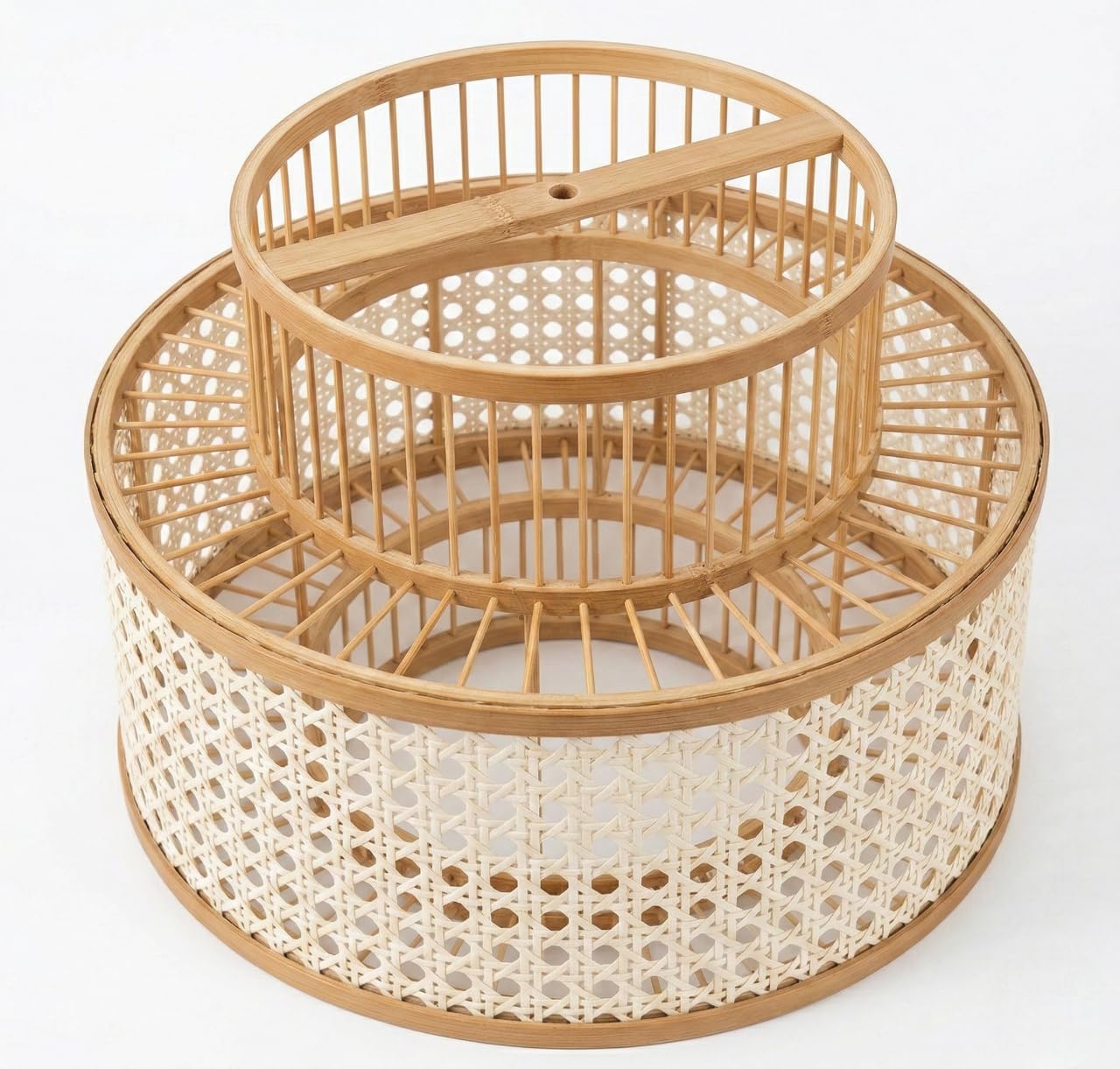 Round Oriental Bamboo Rattan Lamp Shade Natural Rattan Chandelier Lampshade Handmade Woven Vintage Farmhouse Wicker Ceiling Light Cover for LED bulbs 14.17in x 12.59in (36 x 32cm)