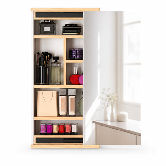Kikbo Wall Mounted Bathroom Mirror Cabinet with Sliding Door, Waterproof Storage Organizer, Space-Saving Vanity Cabinet for Bathroom, Bedroom or Entryway (Natural Wood Finish)