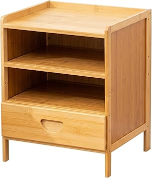 Bedside Table with Drawer and Shelf, Small Nightstand Storage Cabinet for Bedroom, Compact End Table for Small Spaces, Bamboo Look Wood Organizer, Natural Finish