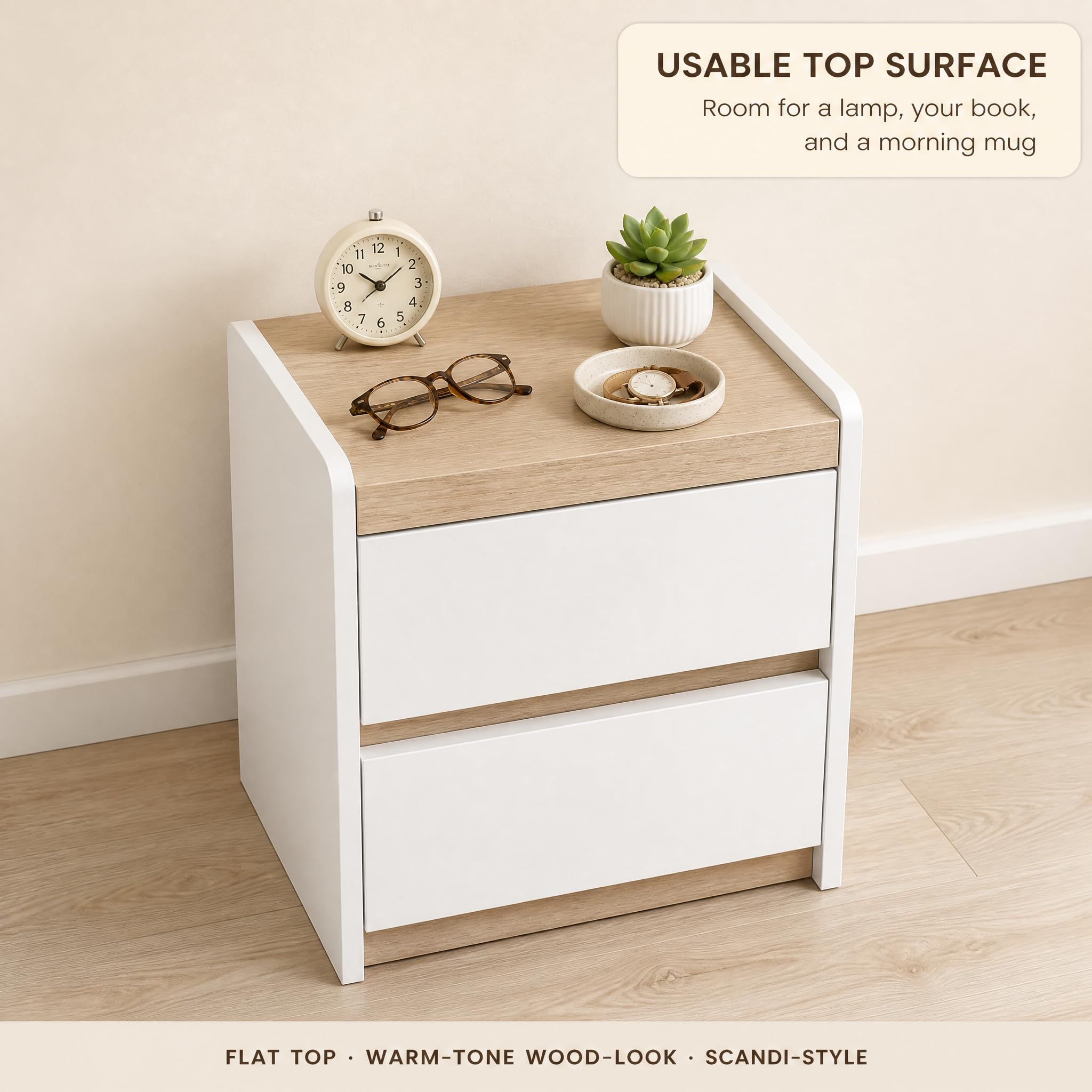 Modern Bedside Table with 2 Drawers, Fully Assembled Nightstand, Wooden End Table for Bedroom, Small Storage Cabinet with Smooth Sliding Drawers, White/Natural Wood