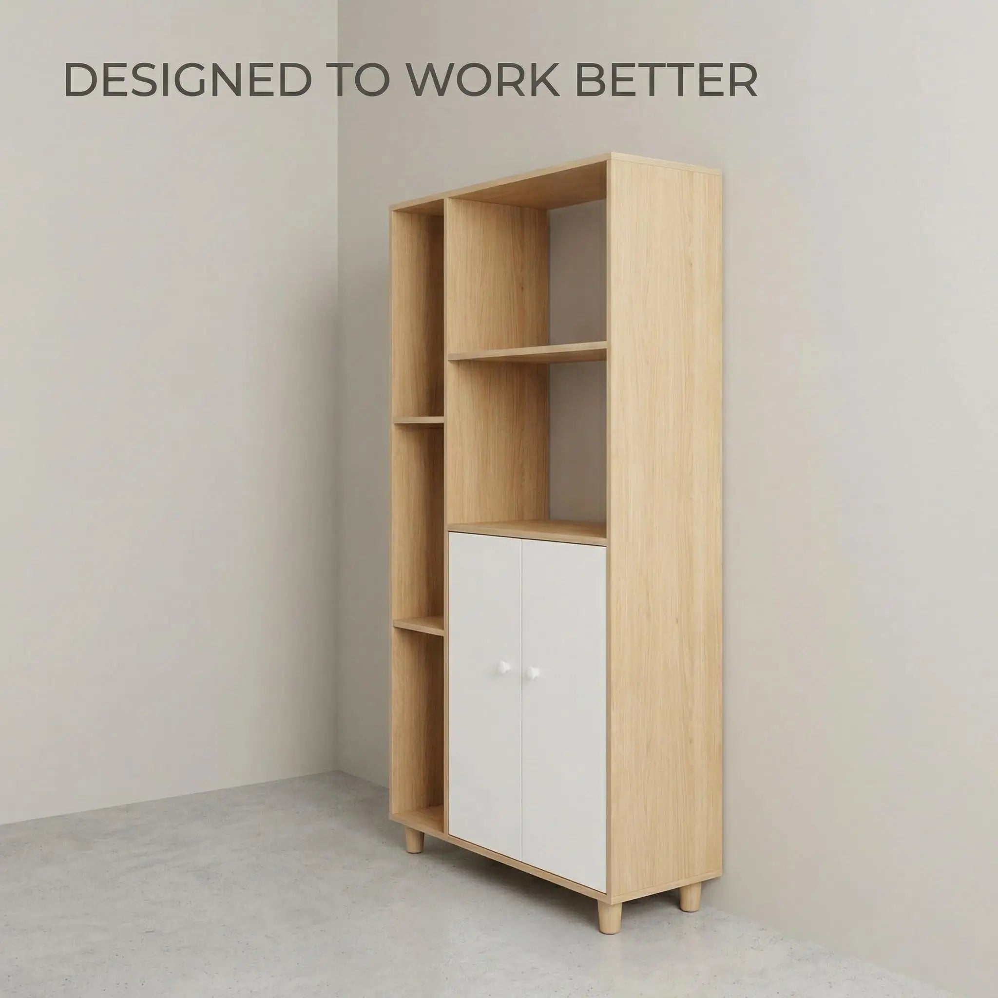 Kikbo Storage Cabinet with Doors and Open Shelves, Modern Bookcase Organizer for Living Room, Bedroom, Home Office, Multi-Functional Floor Cabinet, White and Wood Finish