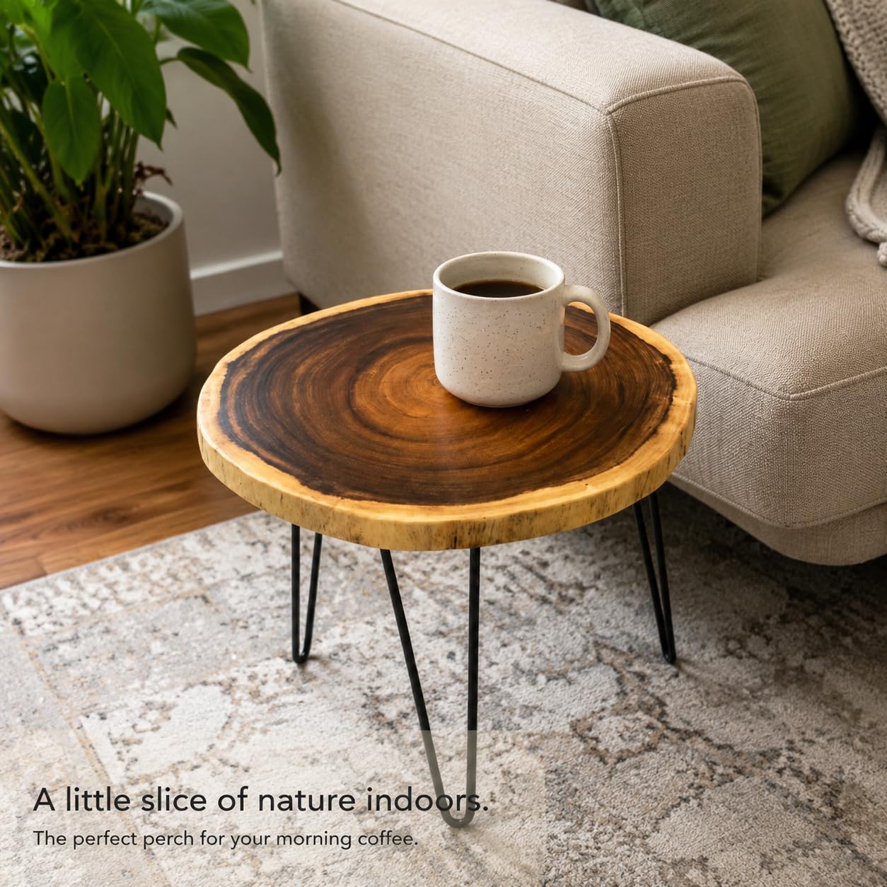 Live Edge Solid Wood Side Table with Hairpin Metal Legs, Rustic Round End Table for Living Room, Bedroom & Coffee Bar, Natural Wood Accent Table, 20 Inch Height