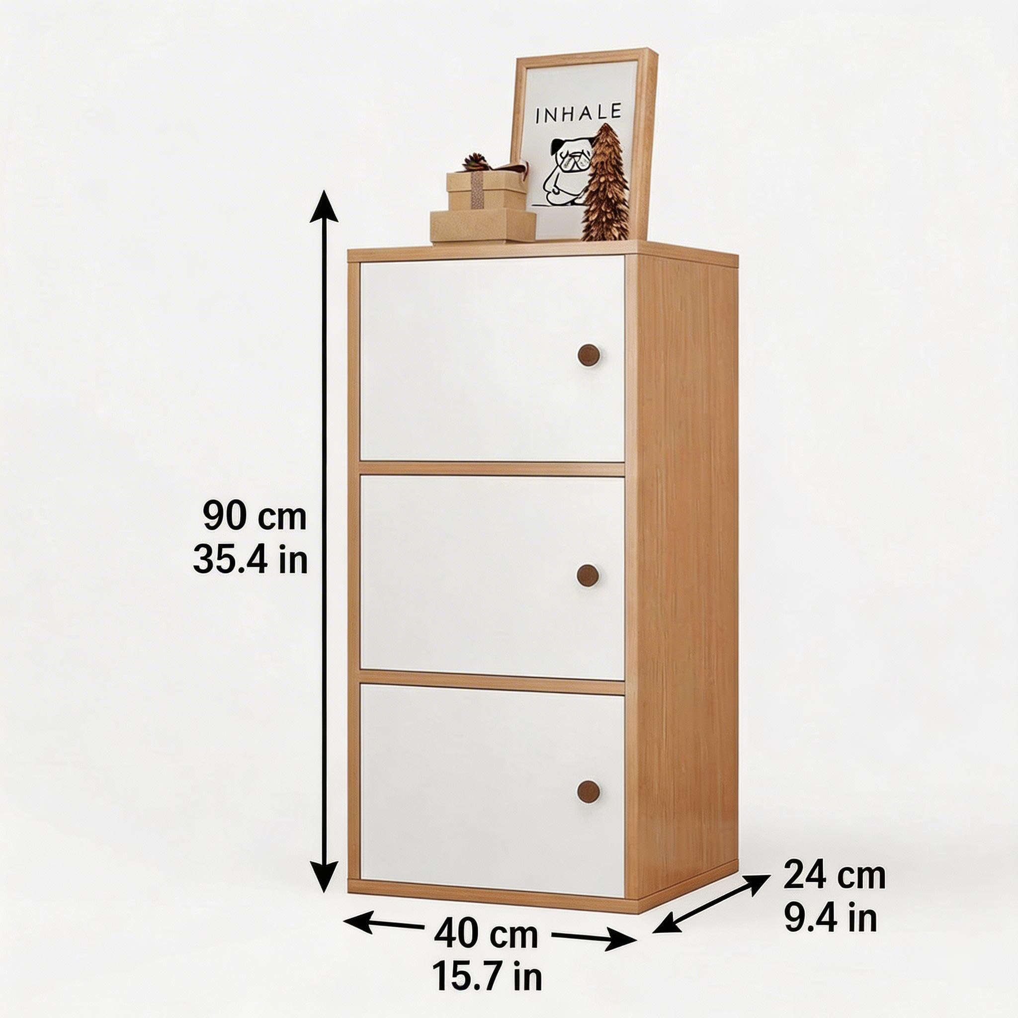 Kikbo 3-Drawer Storage Cabinet, Slim MDF Wooden Organizer Chest for Bedroom or Living Room, Narrow Freestanding Cabinet, 15.7” W x 9.4” D x 35.4” H, Oak and White