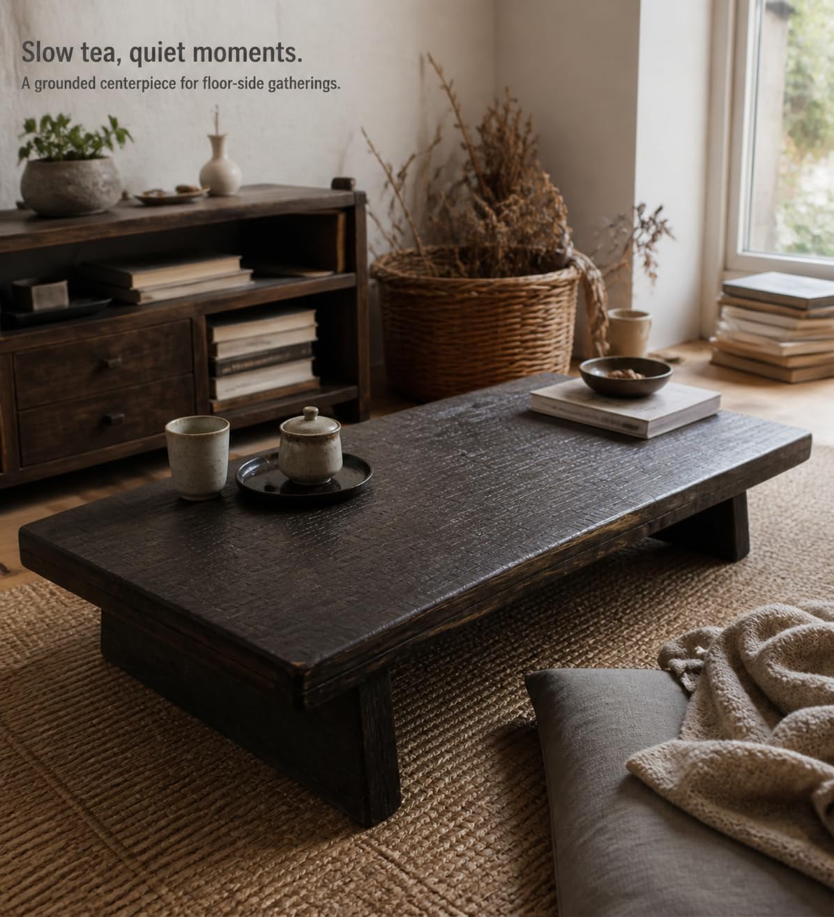 Solid Wood Wabi-Sabi Coffee Table, Rustic Low Tea Table for Living Room, Handmade Wooden Floor Table, Minimalist Cocktail Table, 47.2 x 13.8 in