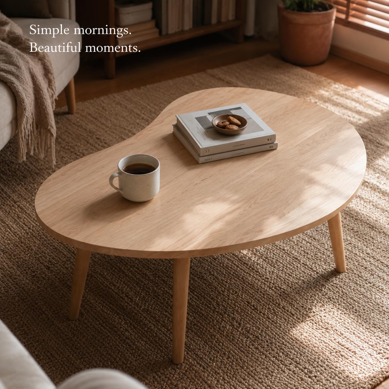 Oval Coffee Table with Solid Wood Legs, Modern Low Profile Accent Table, Natural Wood Finish, Small Living Room Tea Table, 35.4" x 23.6"