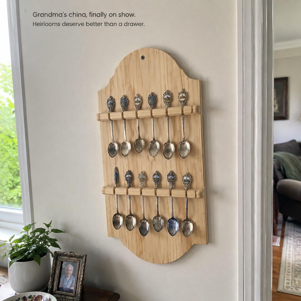 Wall Mounted Wooden Spoon Rack, Rustic Kitchen Utensil Organizer with 2 Shelves and 12 Hooks, Farmhouse Wood Storage Display Rack for Spoons, Ladles, Spatulas, Kitchen Decor