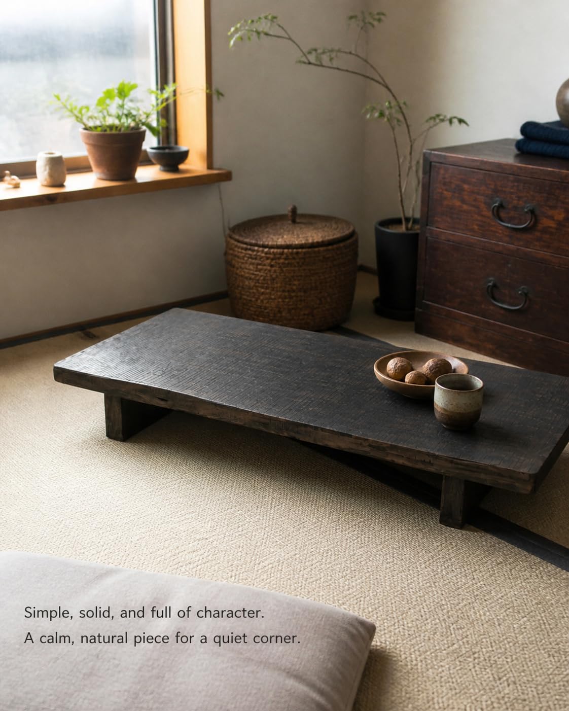 Solid Wood Wabi-Sabi Coffee Table, Rustic Low Tea Table for Living Room, Handmade Wooden Floor Table, Minimalist Cocktail Table, 47.2 x 13.8 in