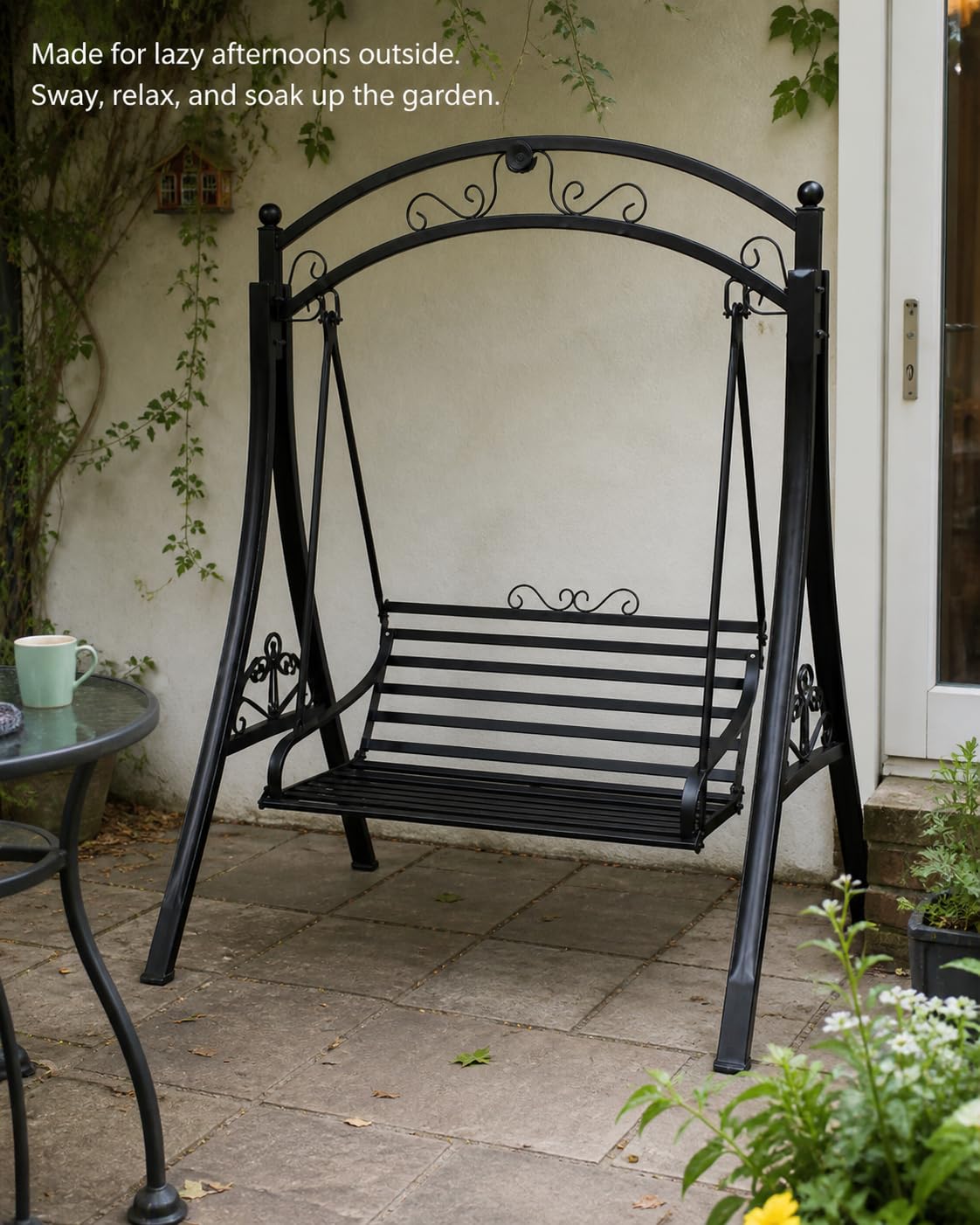 Outdoor Patio Swing Chair for 2, Heavy Duty Metal Garden Porch Swing Bench, Freestanding Backyard Swing Seat for Patio, Deck, Lawn, Balcony, Black