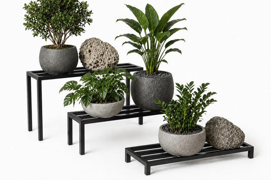 Kikbo Set of 3 Heavy Duty Metal Plant & Storage Stands 27.6" x 7.9" (70 x 20cm) Multiple Heights – Black Painted Galvanized Iron Metal Display Risers - Indoor or Outdoor, Strong For Any Use